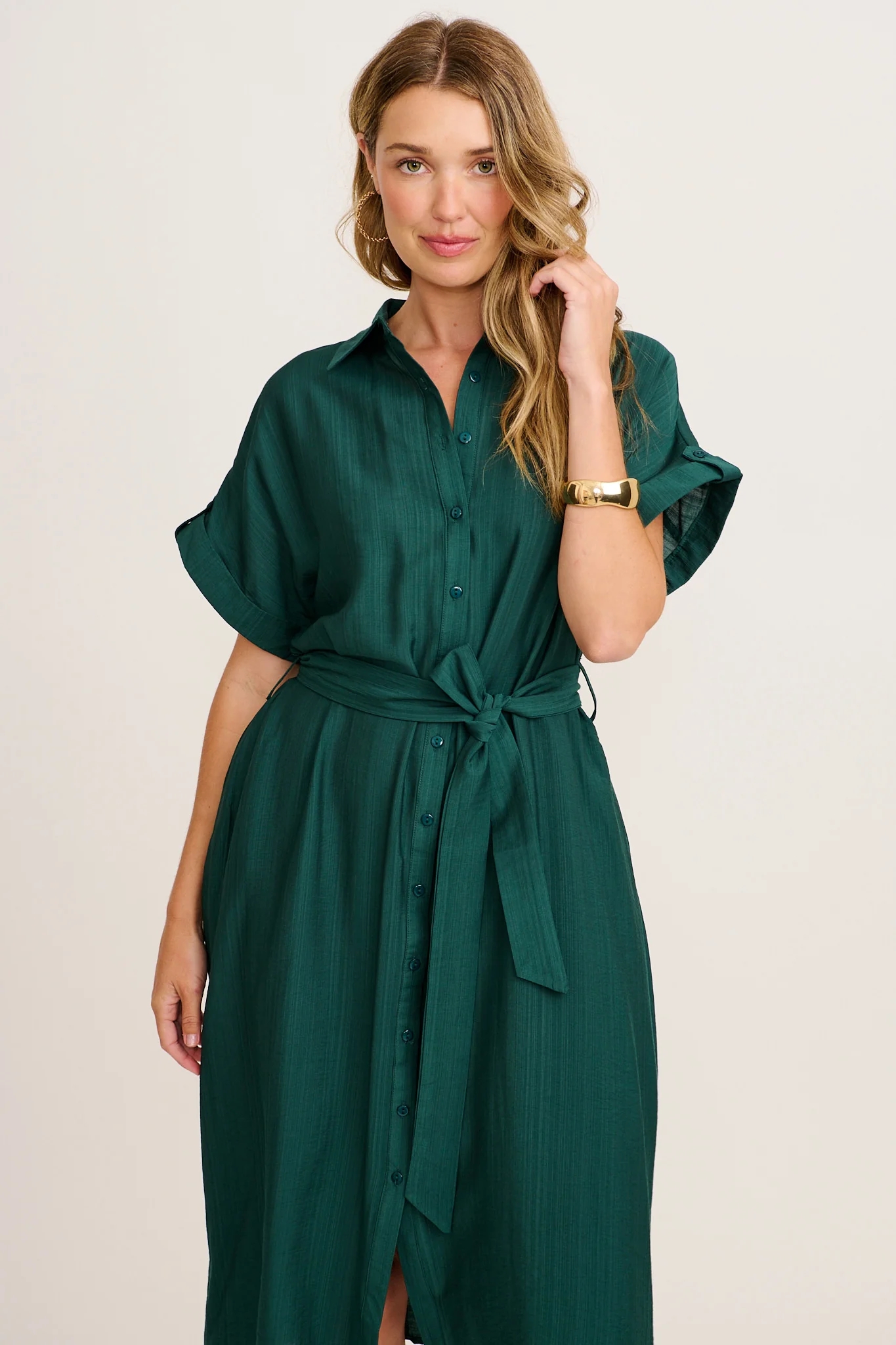 Sweet Talk Midi Shirt Dress in Emerald - Image 2