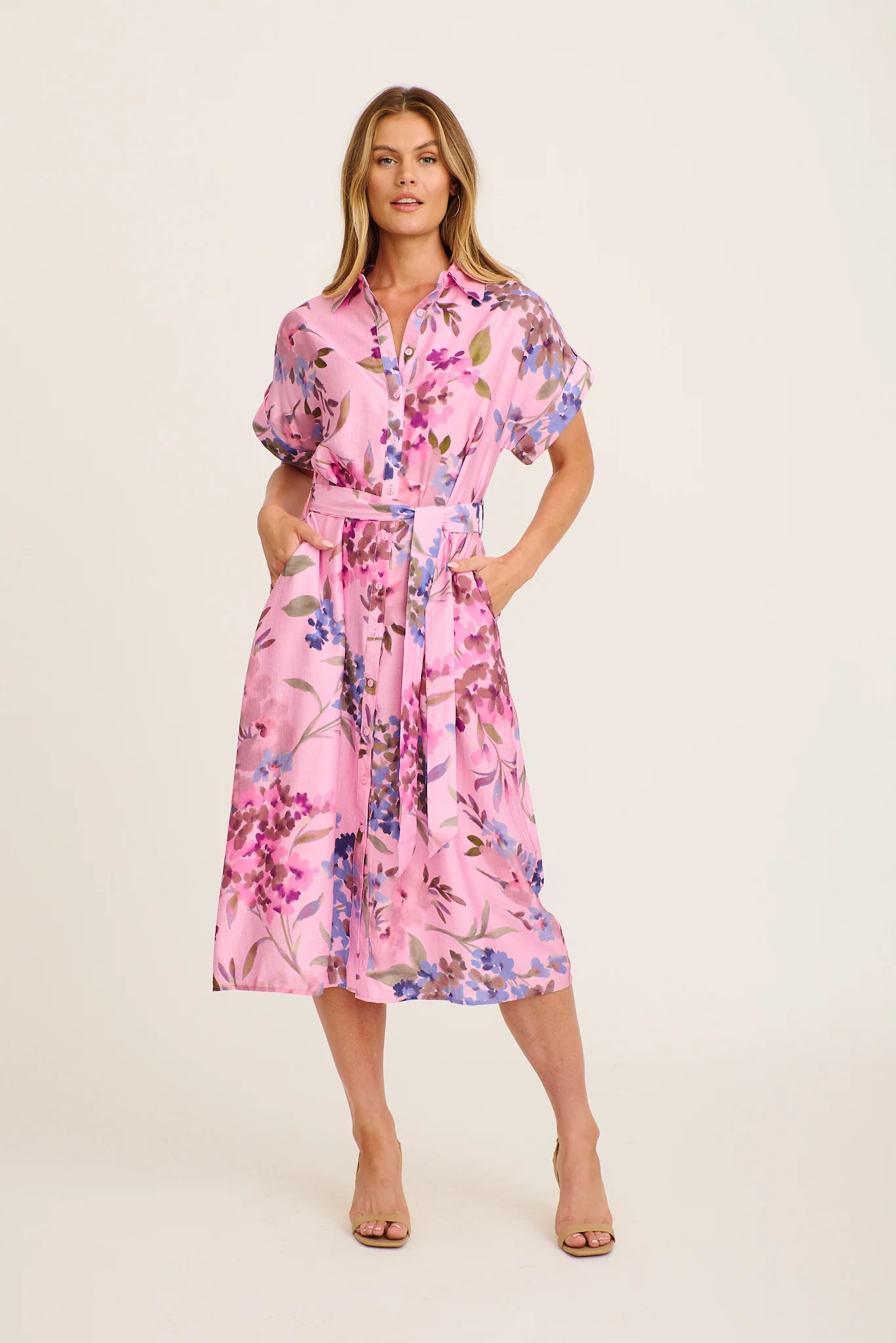 Sweet Talk Midi Shirt Dress in Pink with Multi Floral Print