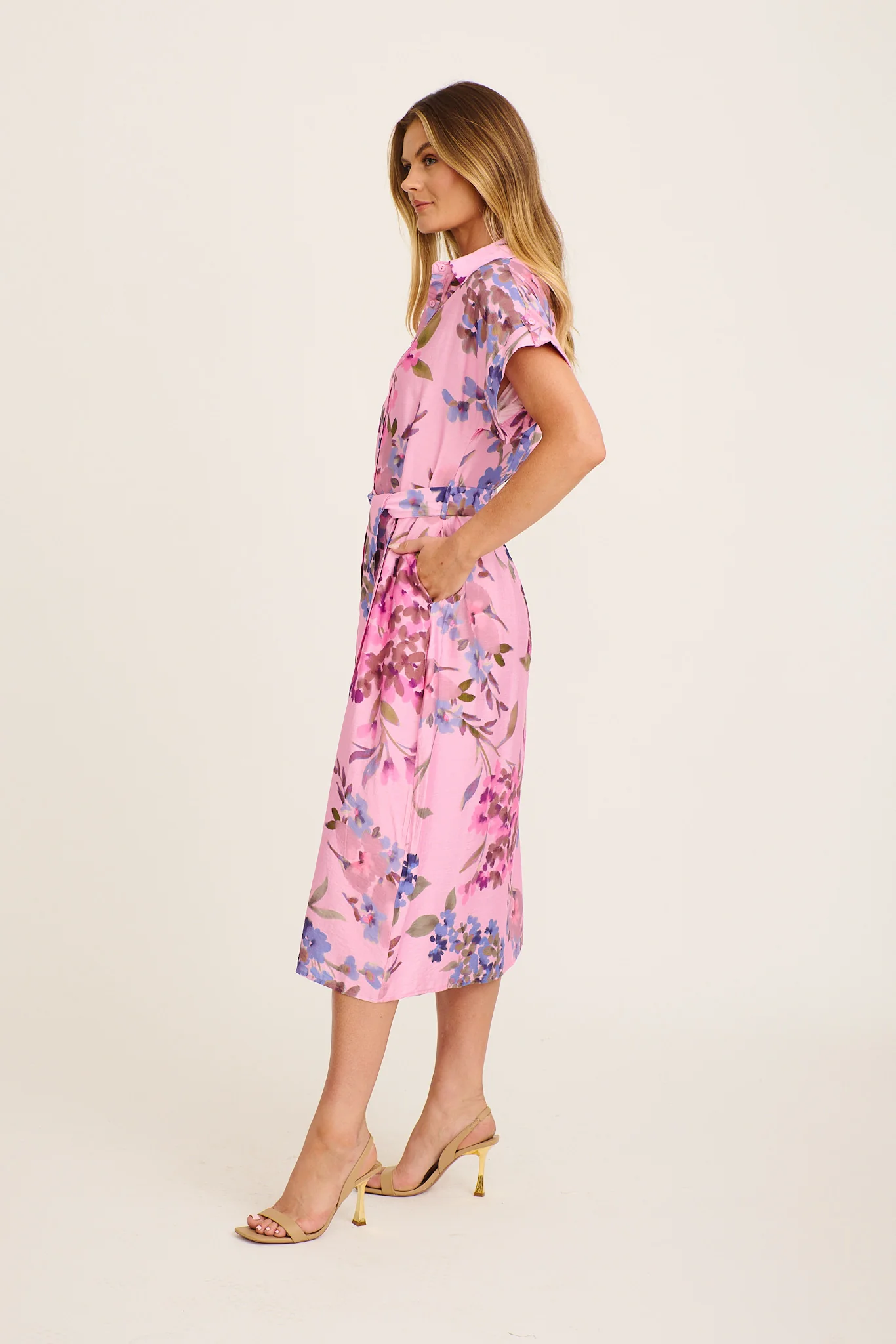 Sweet Talk Midi Shirt Dress in Pink with Multi Floral Print - Image 3