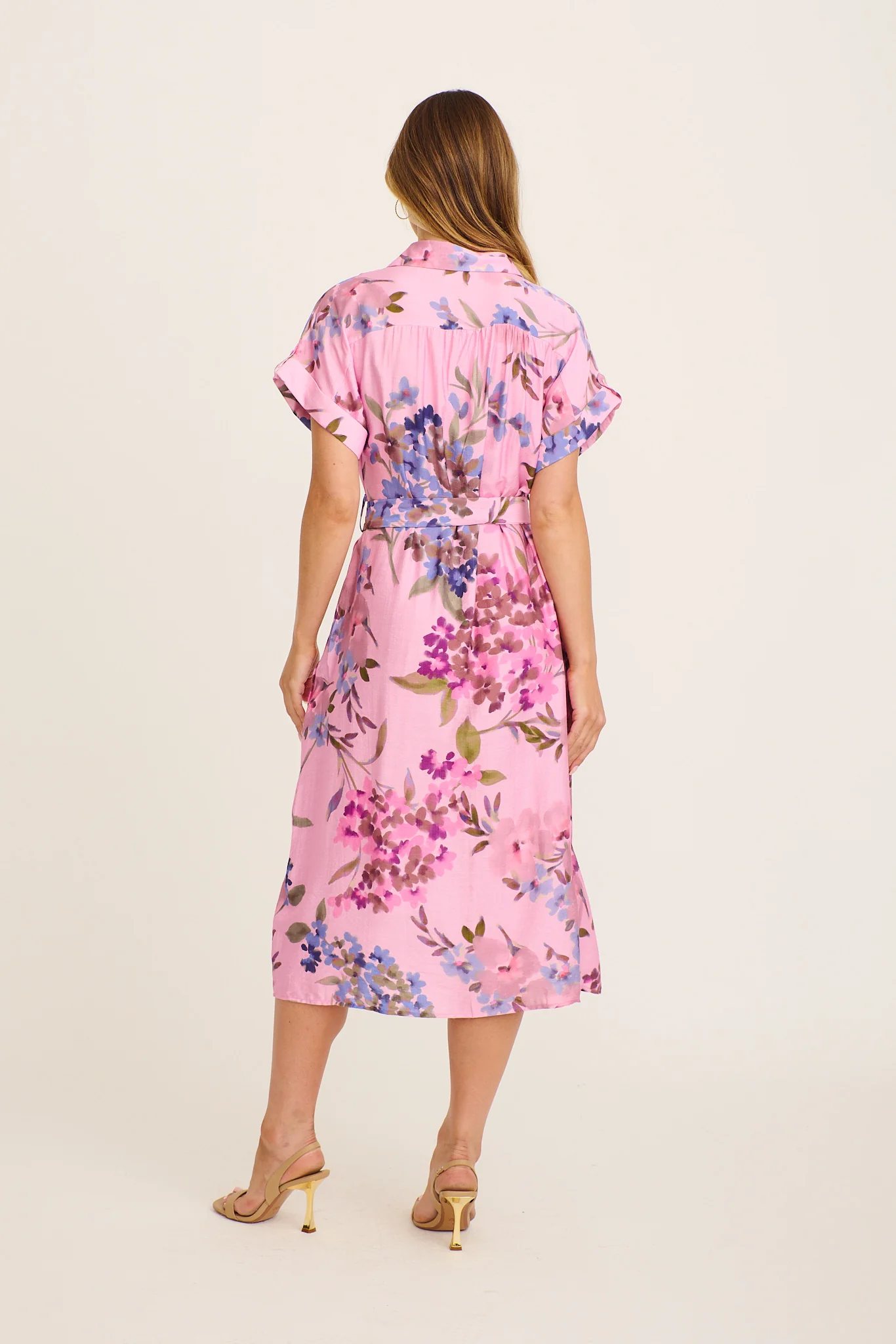 Sweet Talk Midi Shirt Dress in Pink with Multi Floral Print - Image 4