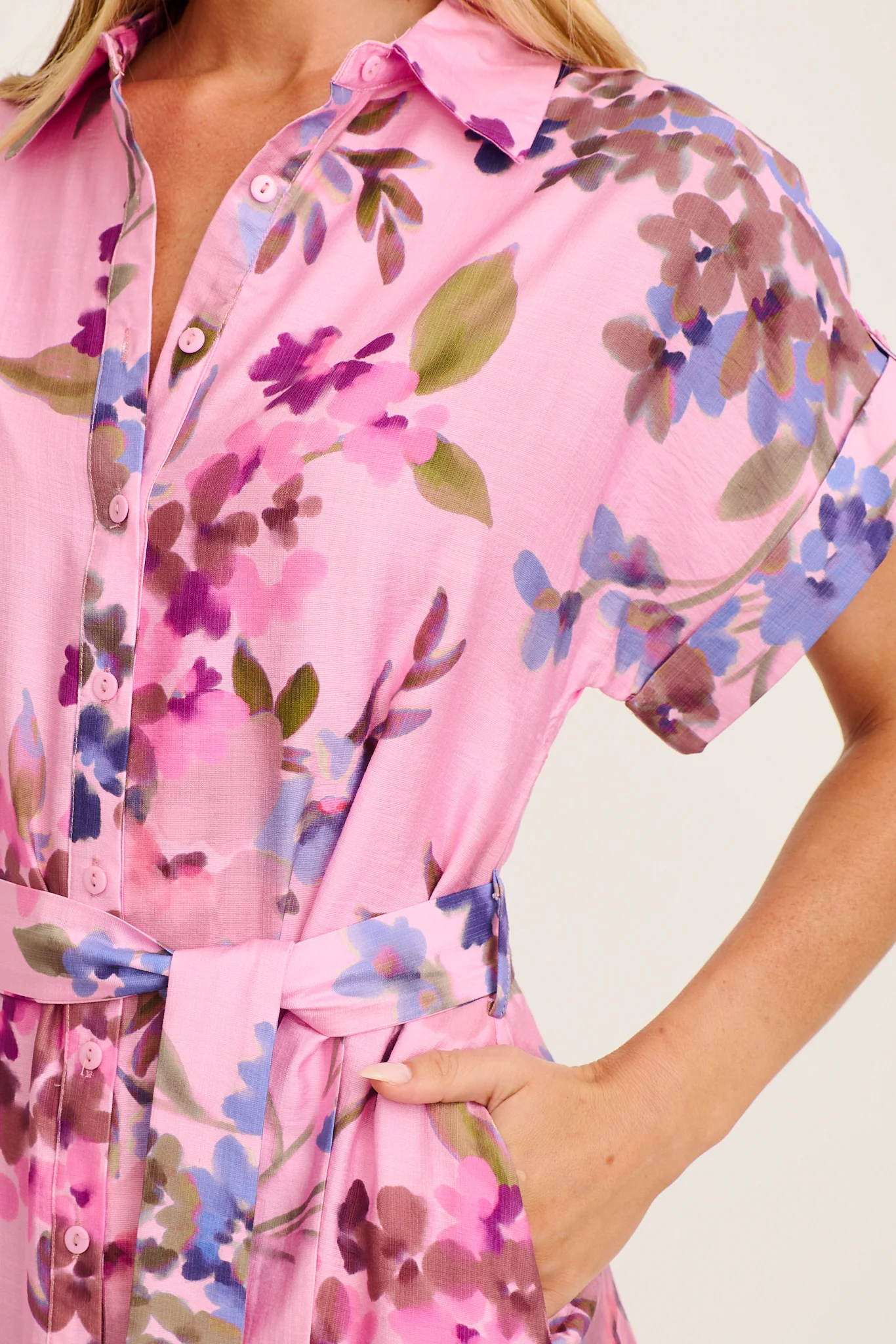 Sweet Talk Midi Shirt Dress in Pink with Multi Floral Print - Image 5