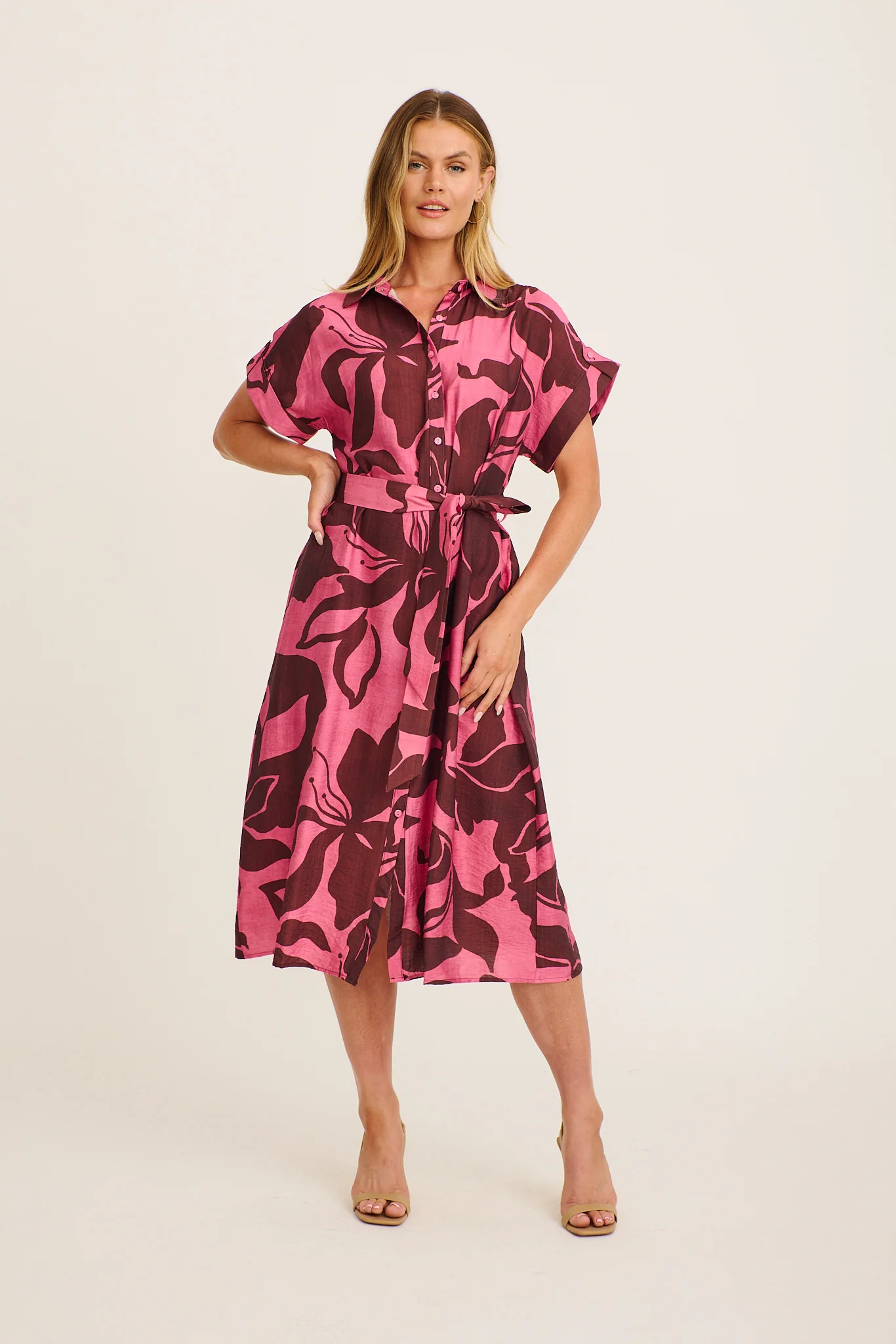 Sweet Talk Midi Shirt Dress in Wine with Pink Print
