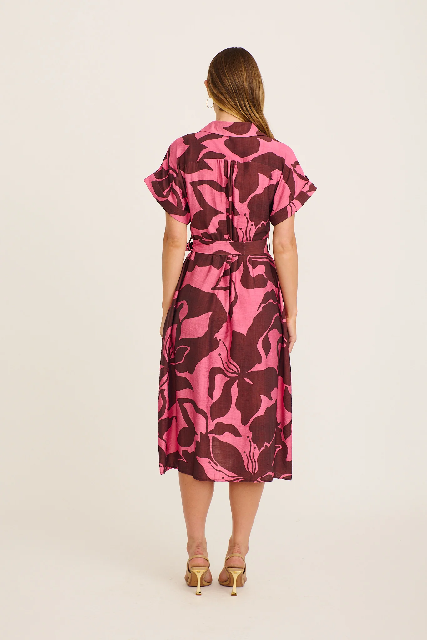 Sweet Talk Midi Shirt Dress in Wine with Pink Print - Image 4