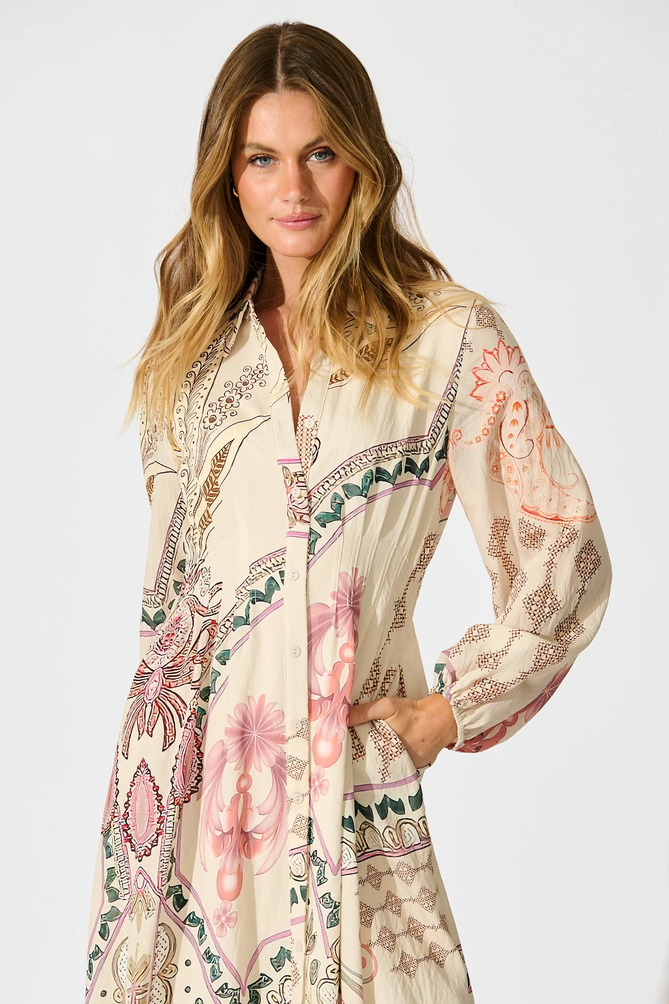 Sylvie Midi Shirt Dress in Cream with Blush Floral - Image 2
