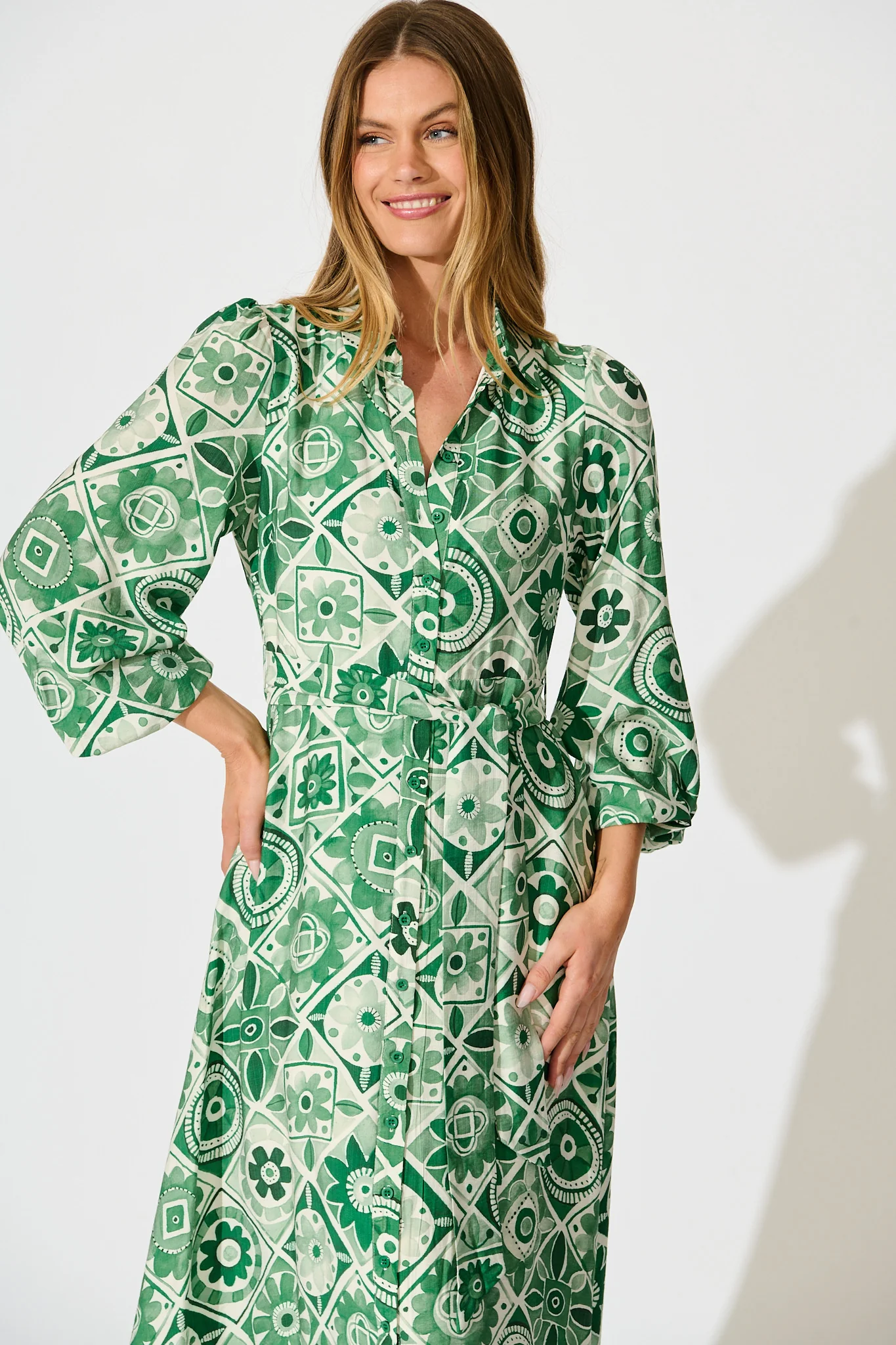 Syren Midi Shirt Dress in Green Tile Print - Image 2