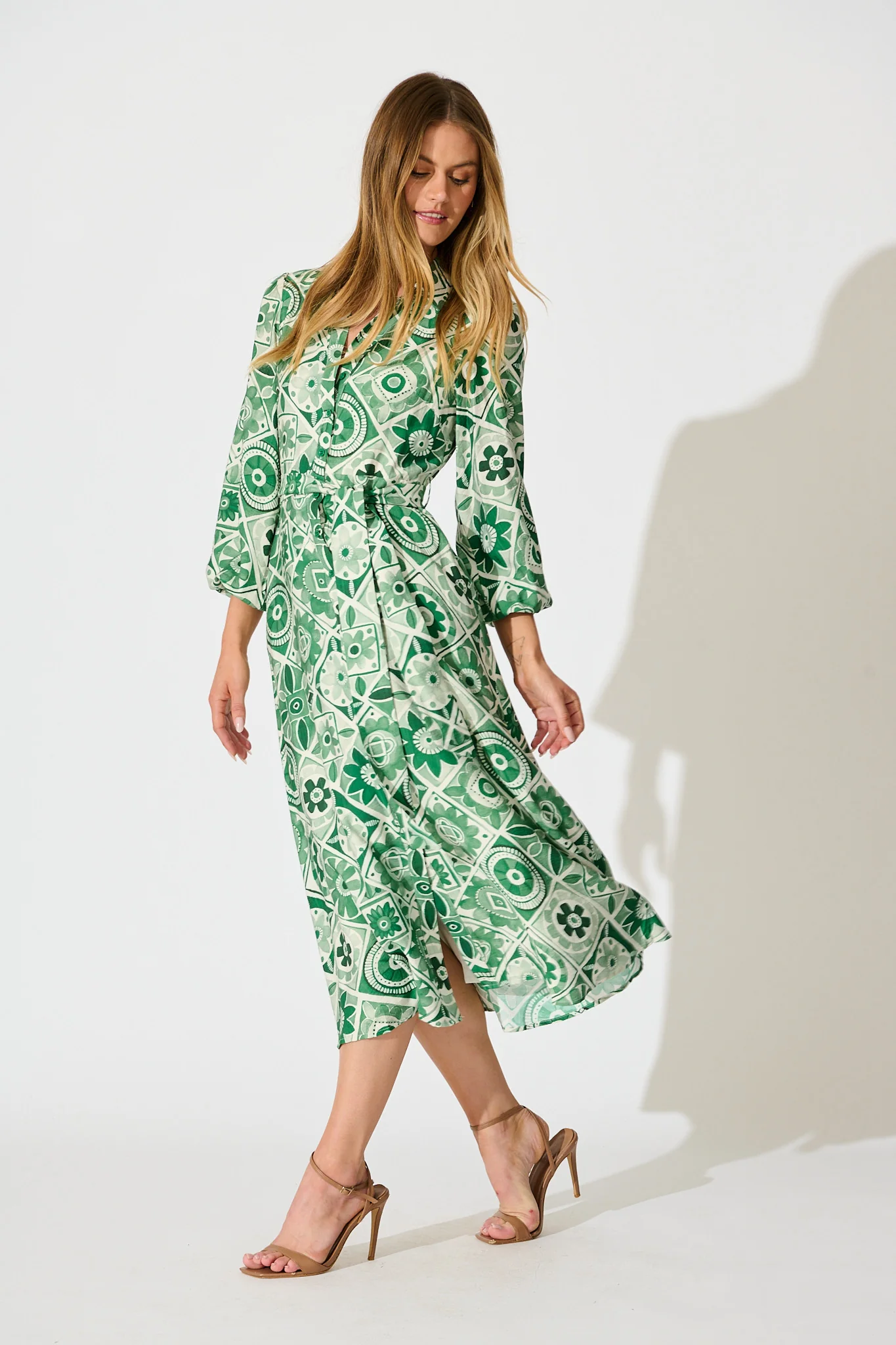 Syren Midi Shirt Dress in Green Tile Print - Image 3