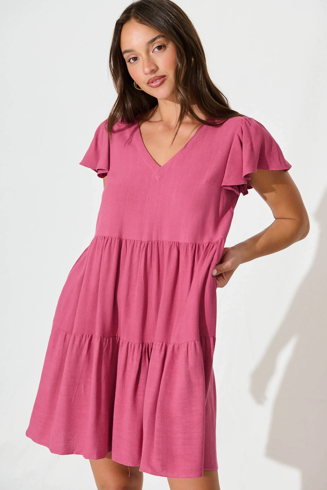 Tahiti Smock Dress In Deep Rose Linen Blend - Image 2