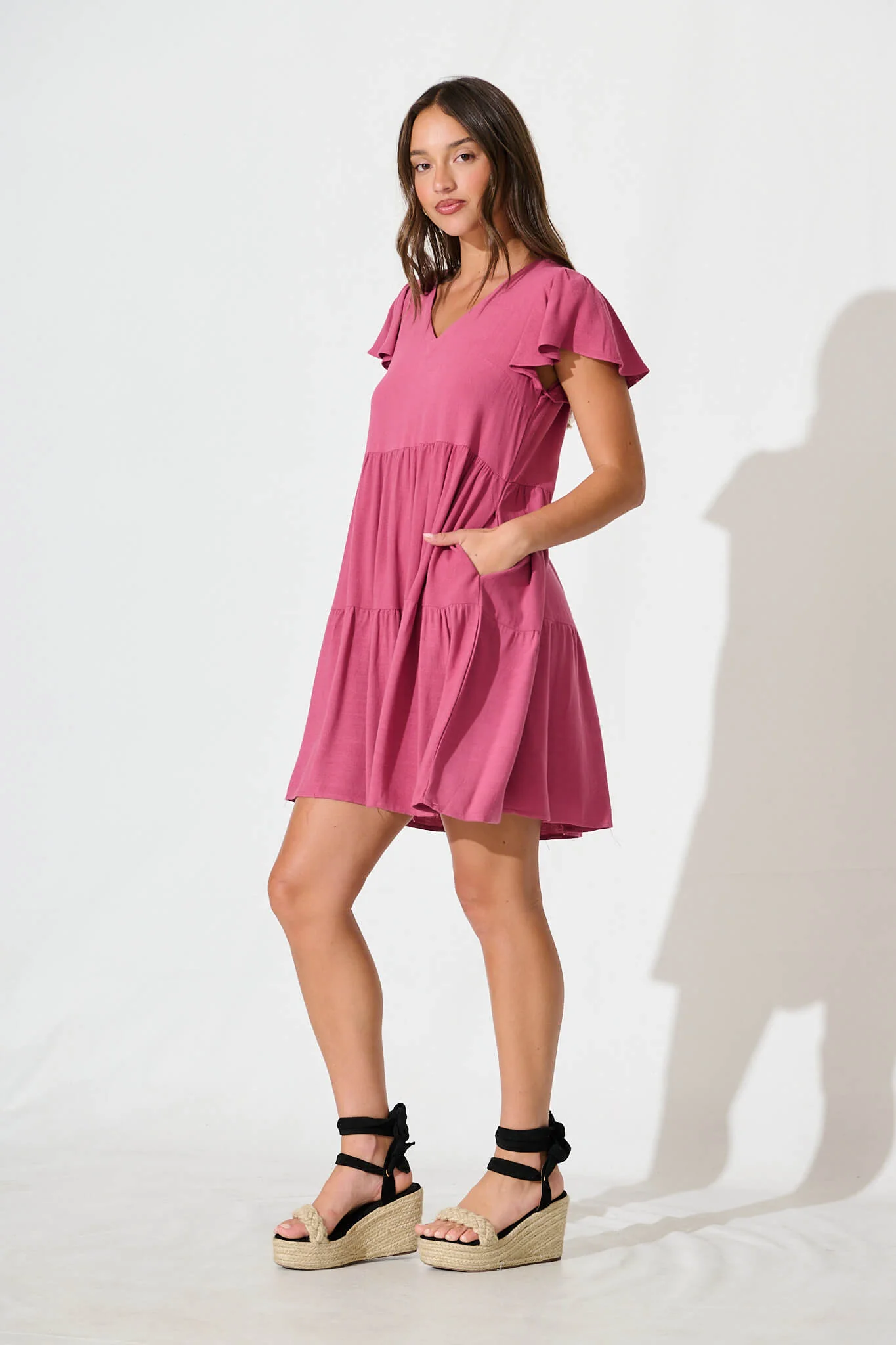 Tahiti Smock Dress In Deep Rose Linen Blend - Image 3