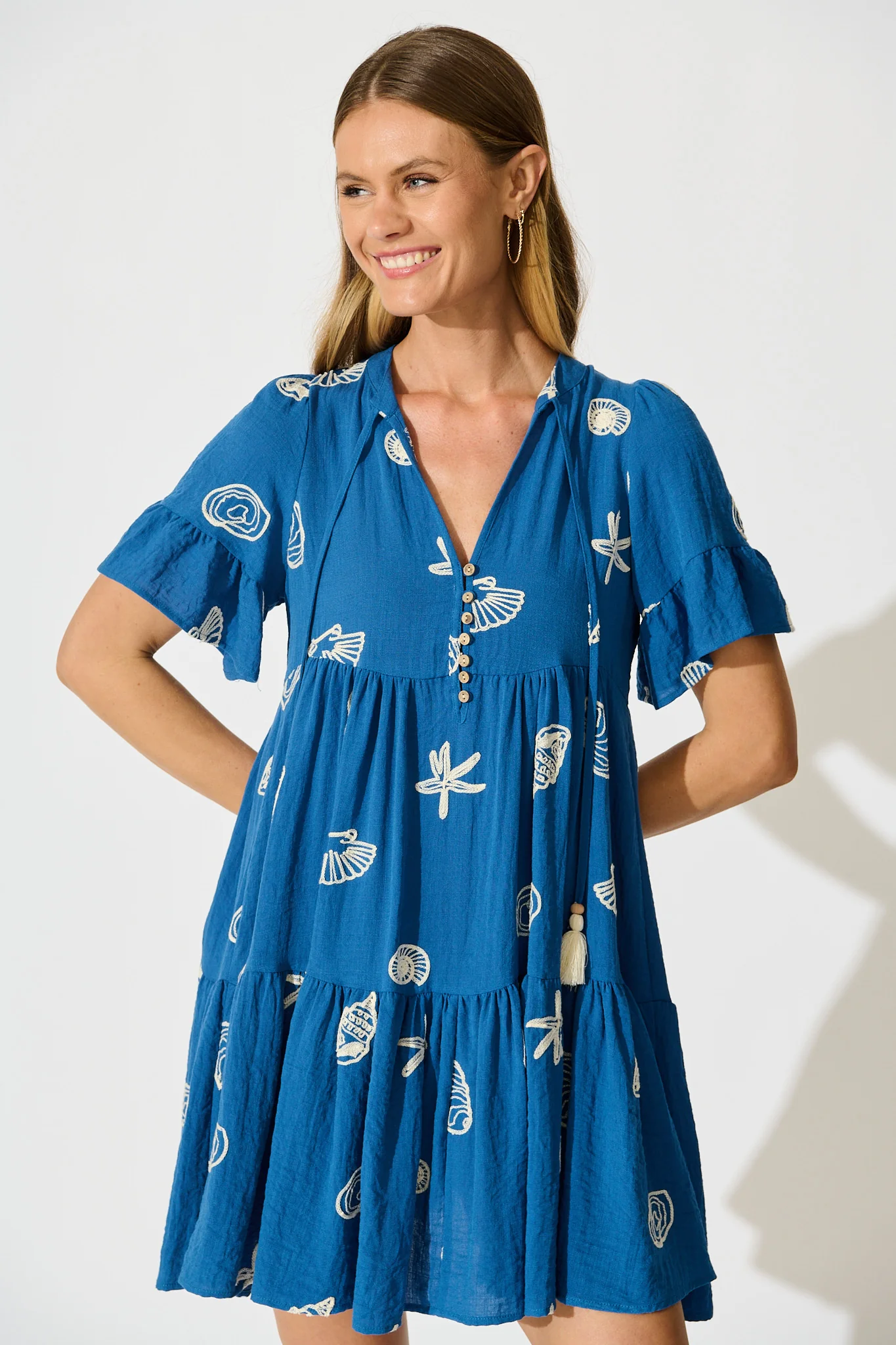Tahnee Smock Dress in Blue with White Seashell Embroidery - Image 2