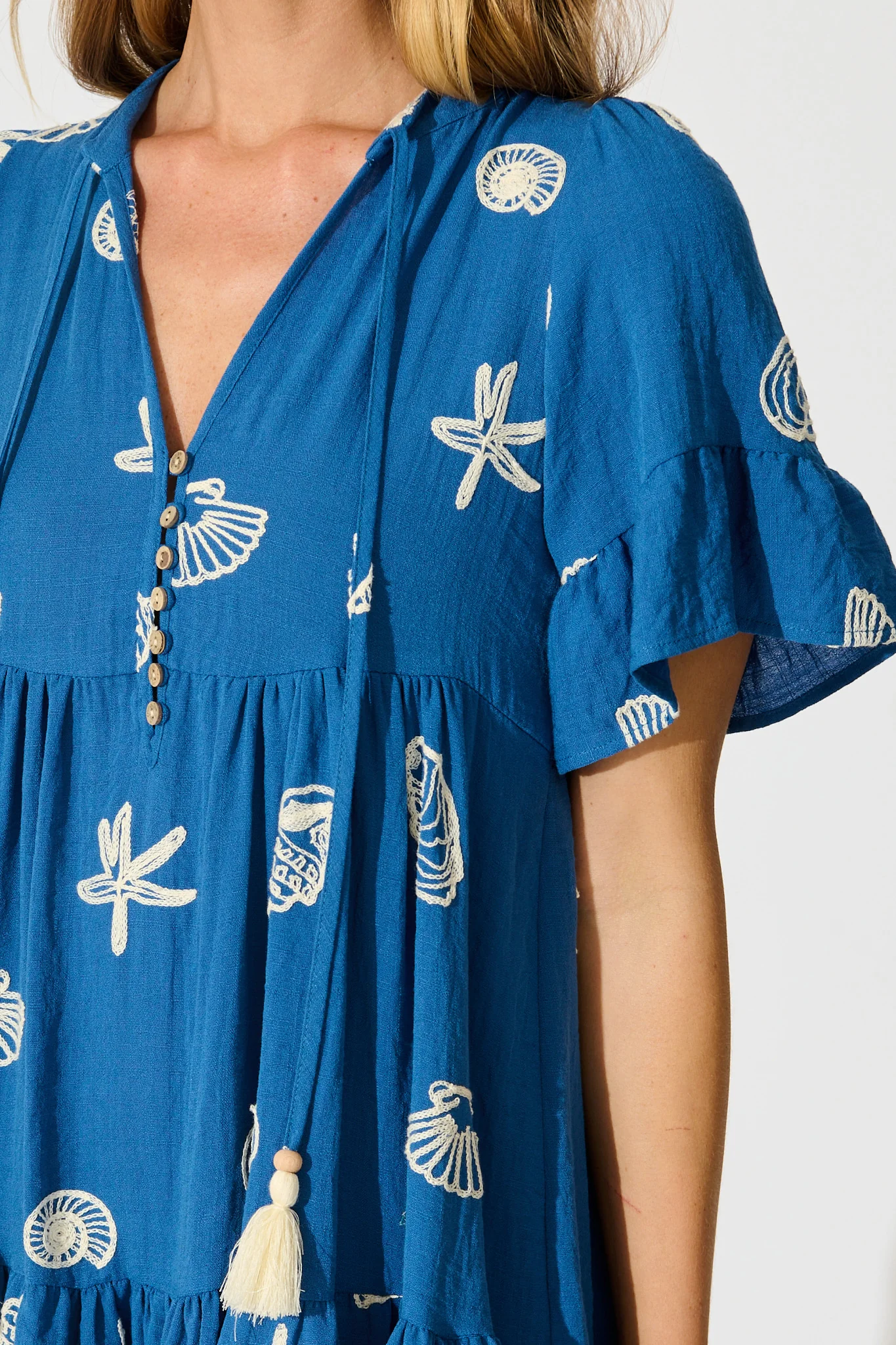 Tahnee Smock Dress in Blue with White Seashell Embroidery - Image 5