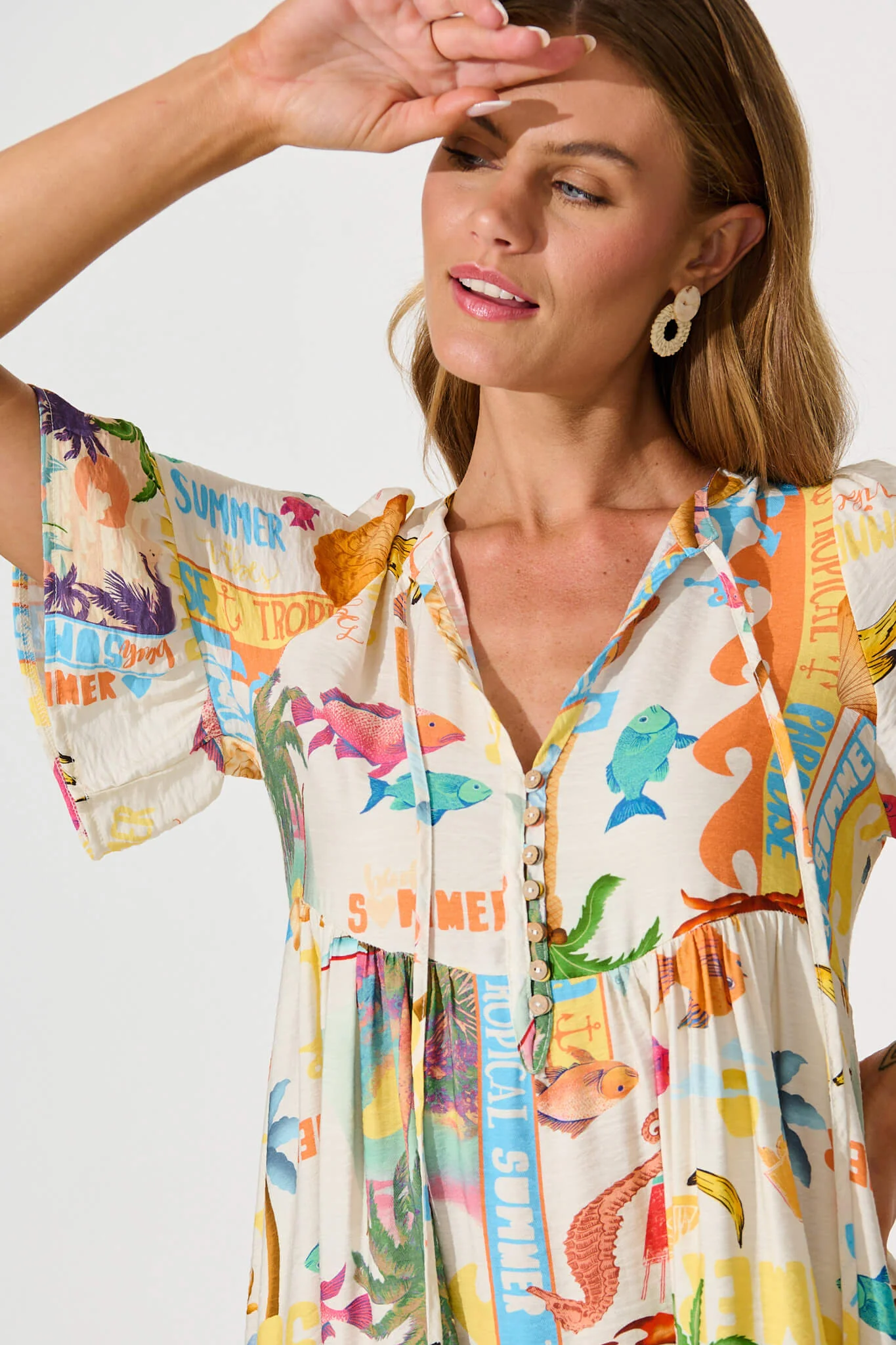 Tahnee Smock Dress In Cream With Multi Summer Print - Image 5