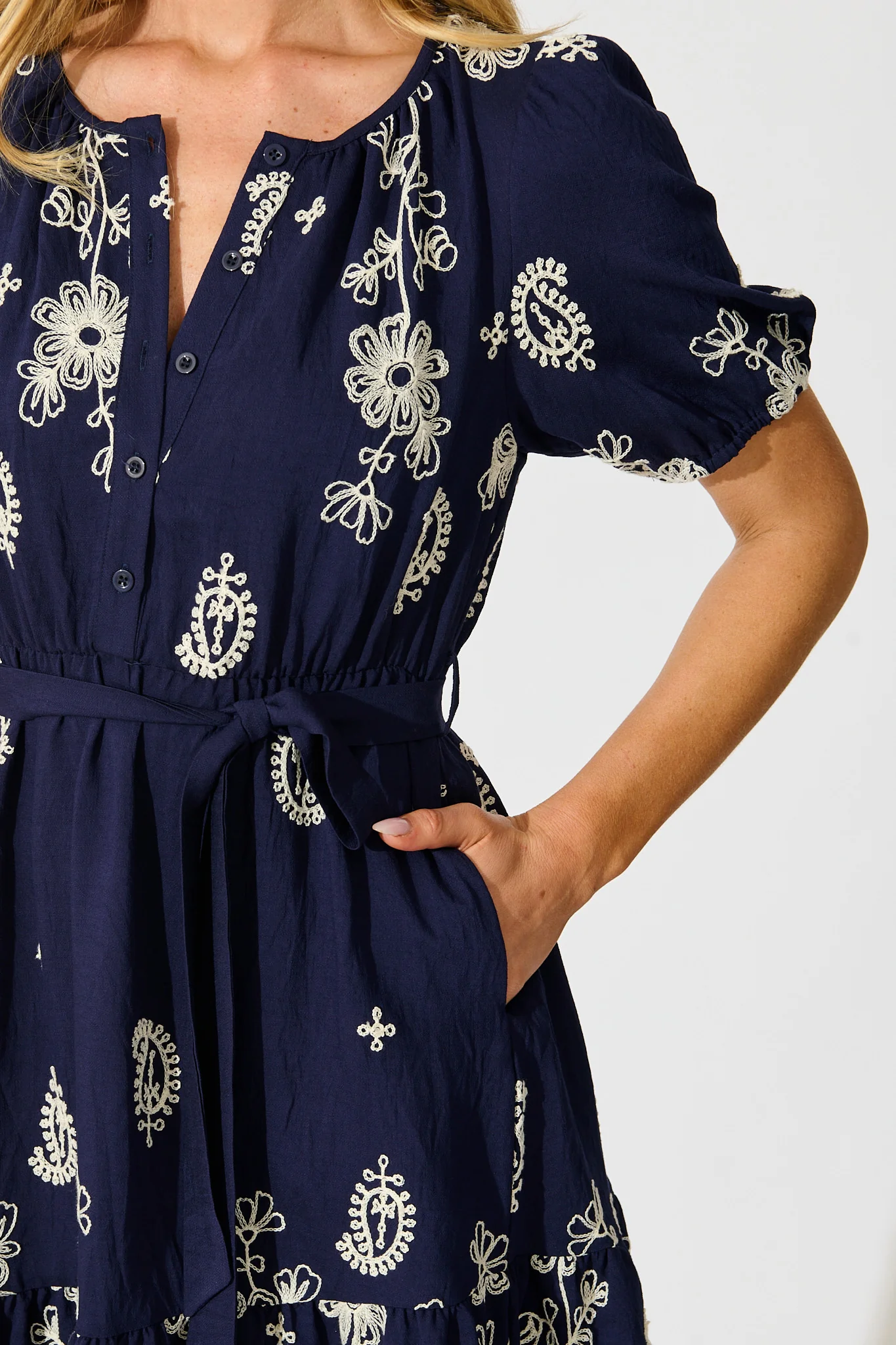 Tainted Love Dress in Navy with Cream Embroidery - Image 5