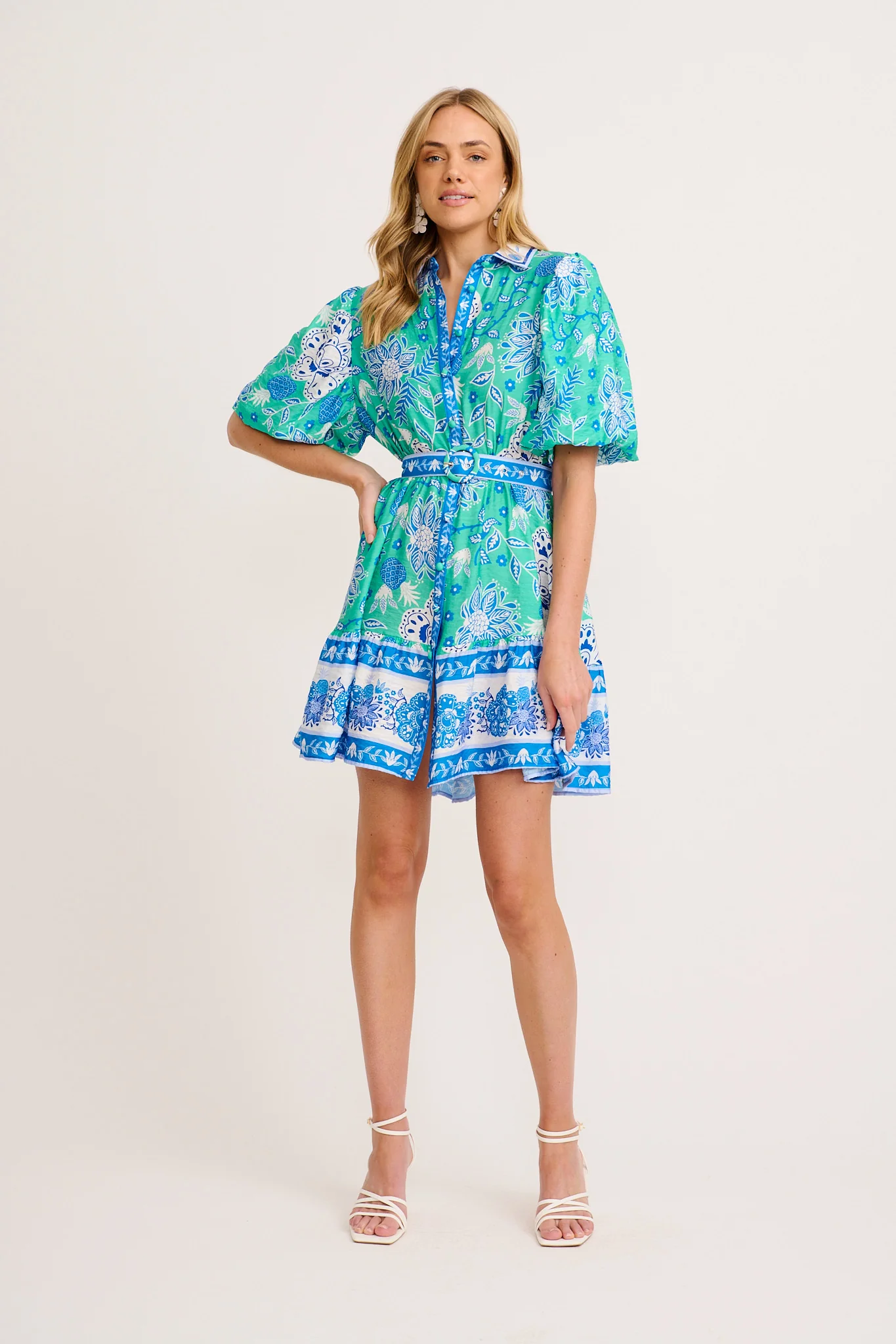Tainy Shirt Dress in Green with Blue Floral Linen Blend