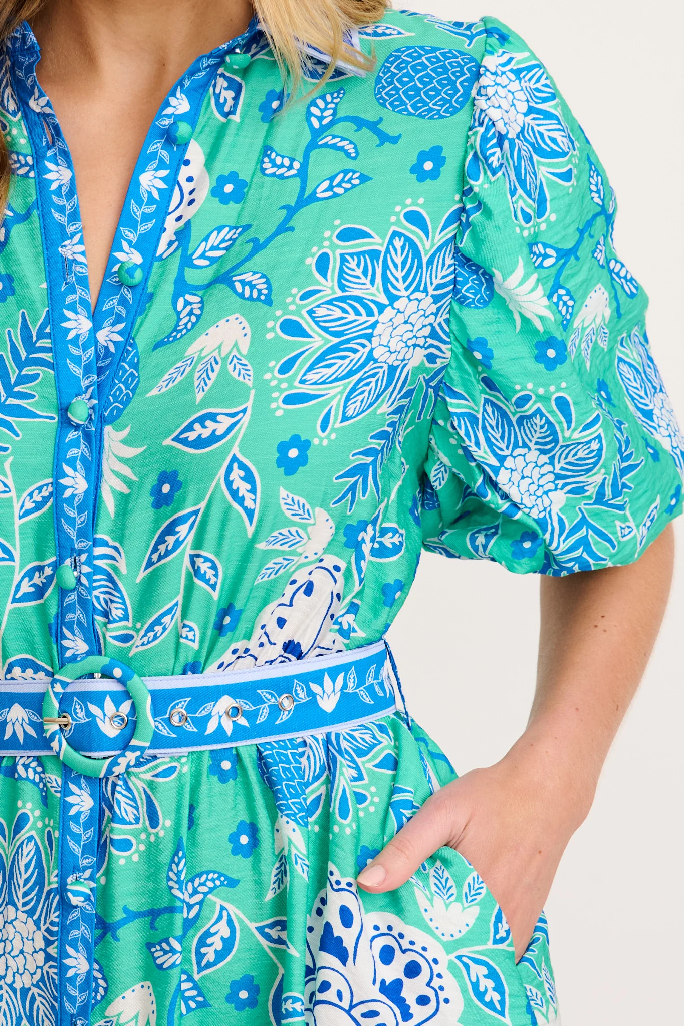 Tainy Shirt Dress in Green with Blue Floral Linen Blend - Image 5