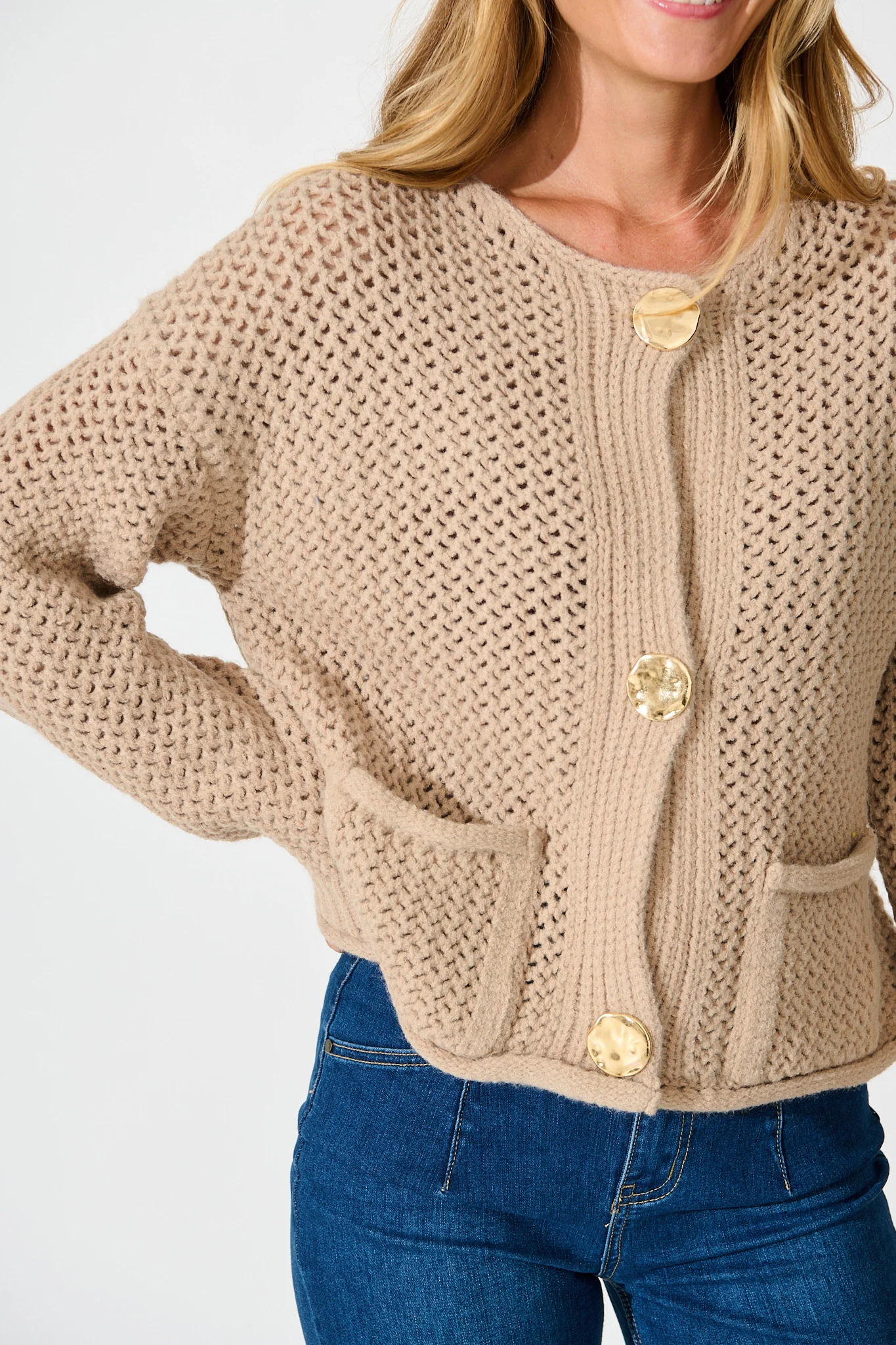 Tala Knit Cardigan in Beige with Gold Buttons Wool Blend - Image 5