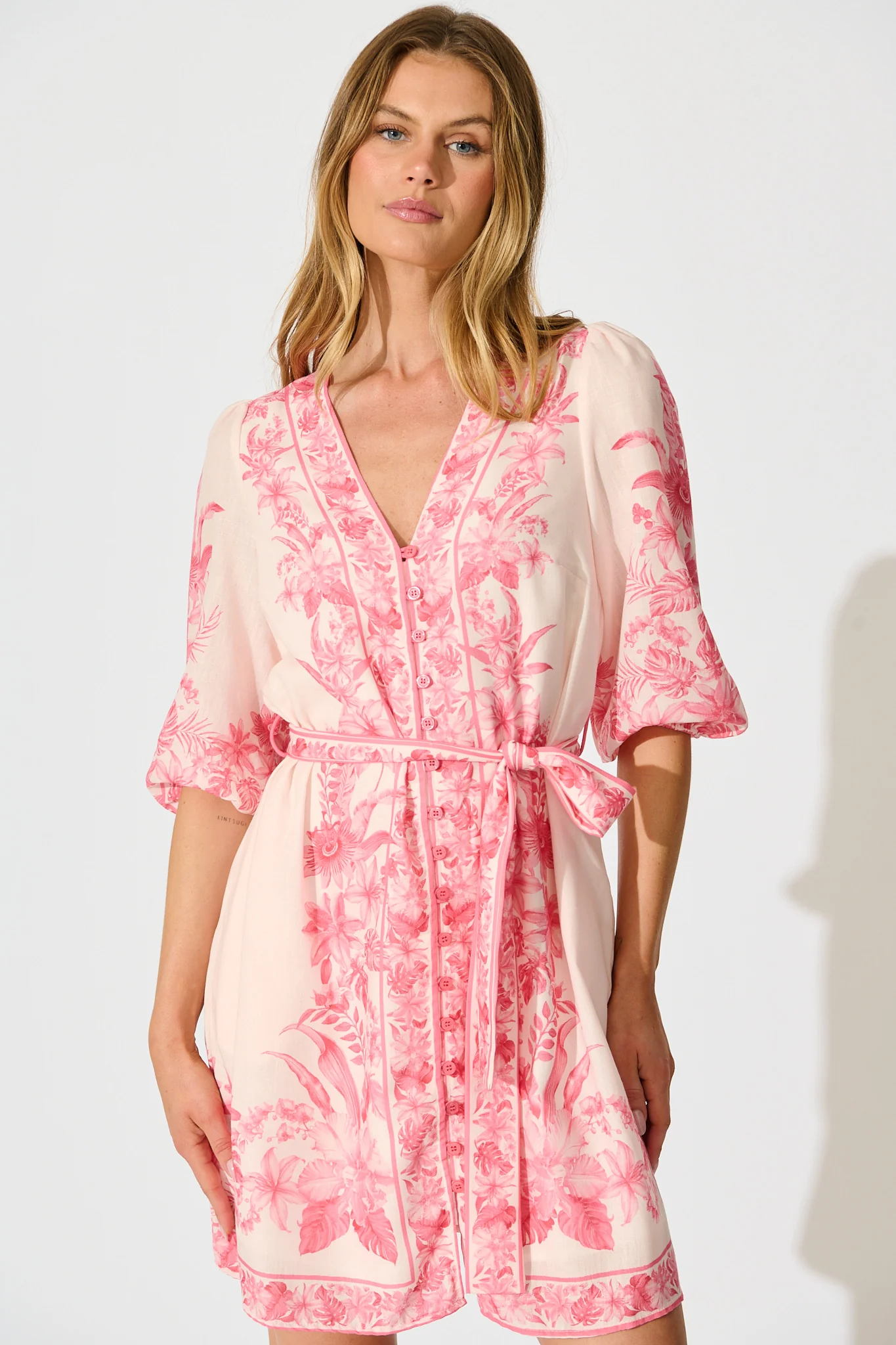 Talara Dress in Pink Floral Linen Blend - Image 2