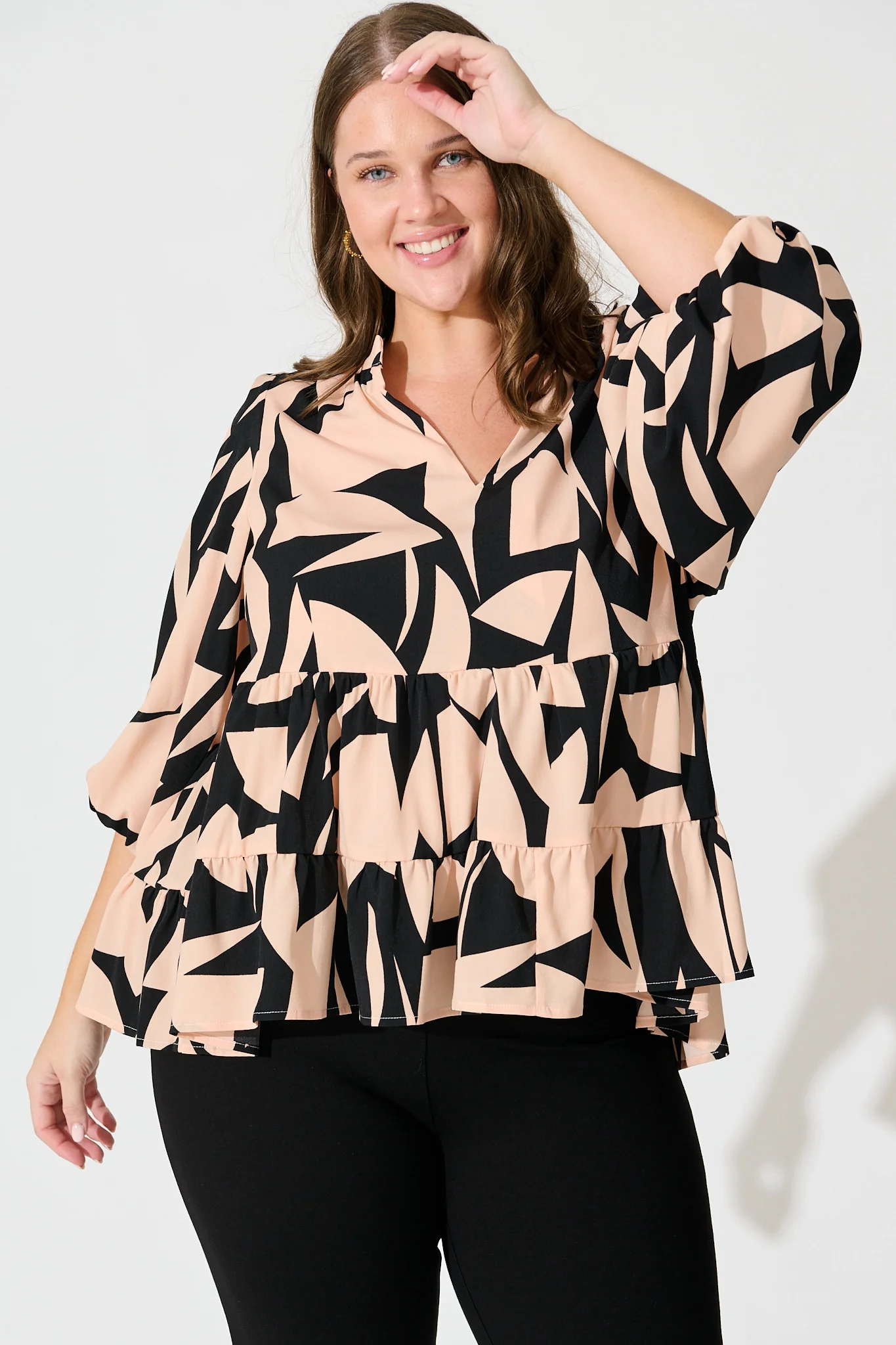 Talena Top in Black and Beige Geometric Print - Image 7