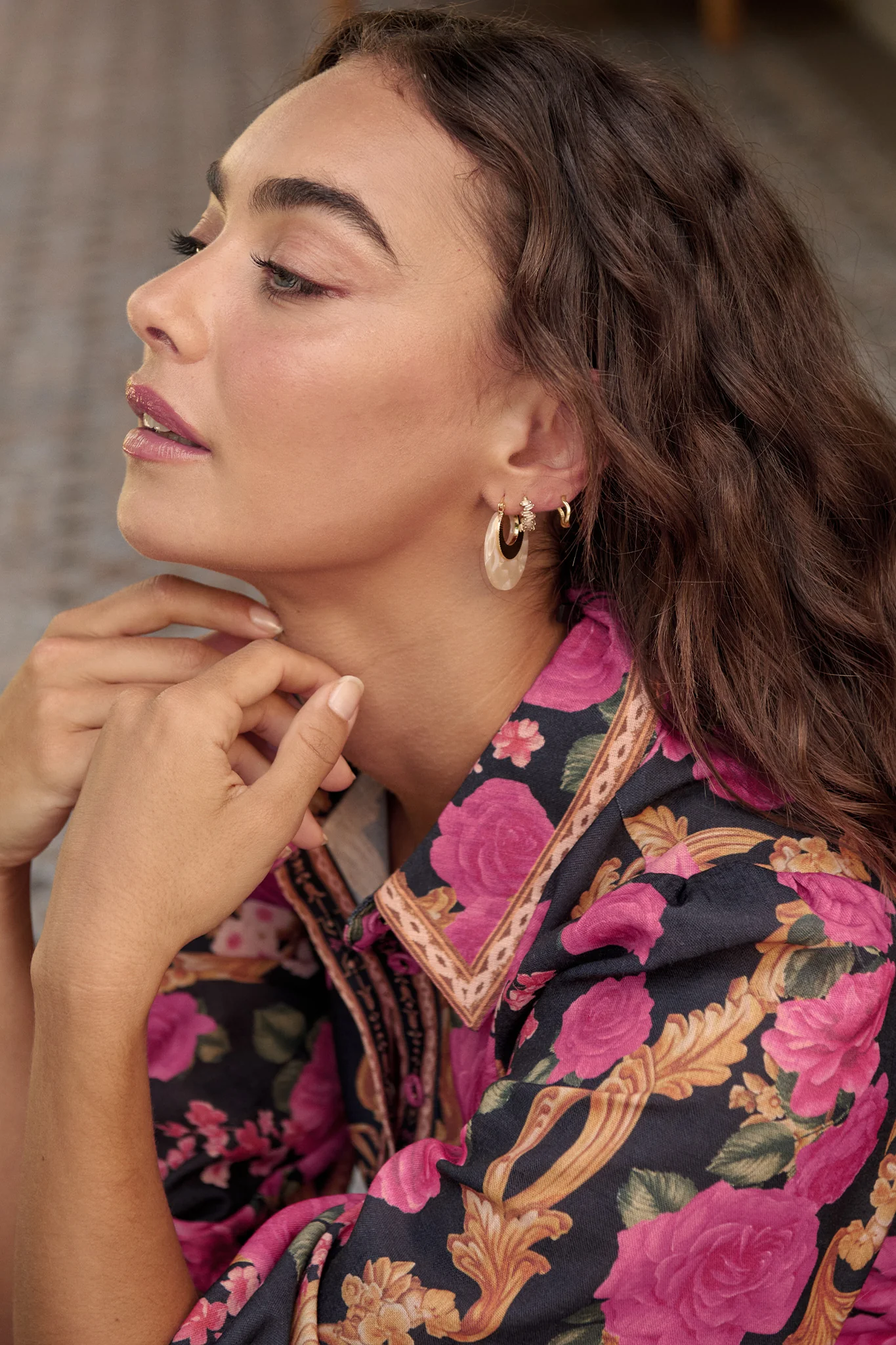 Talia Hoop Earrings in Gold with Cream Marble