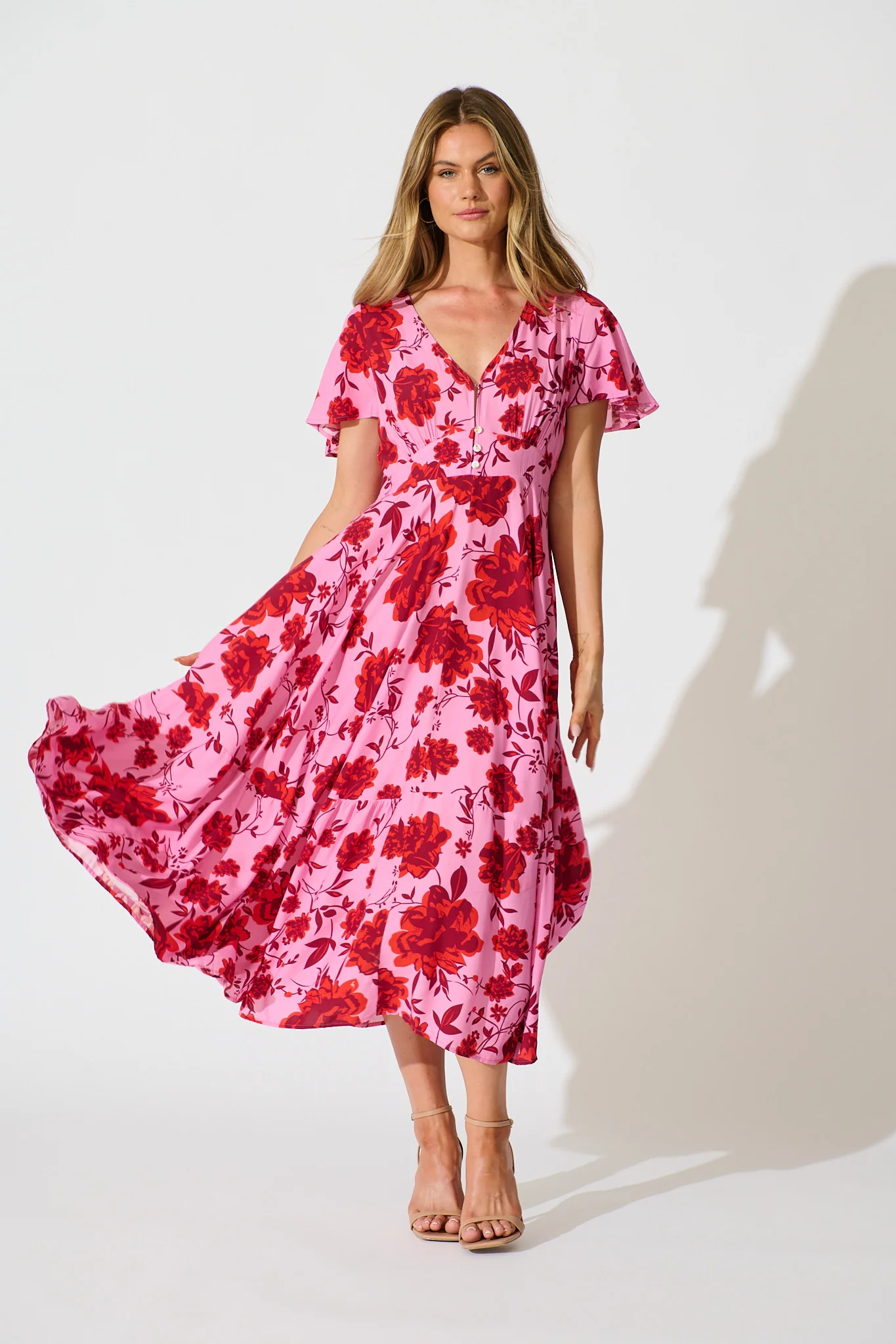 Talise Maxi Dress in Pink with Red Floral Print