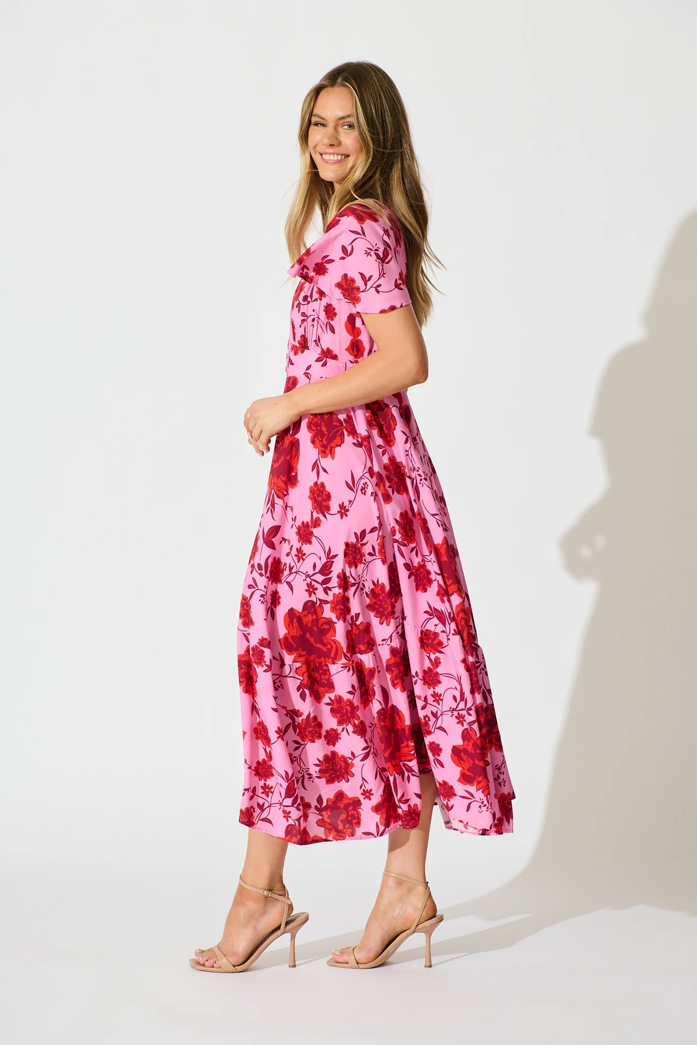 Talise Maxi Dress in Pink with Red Floral Print - Image 3