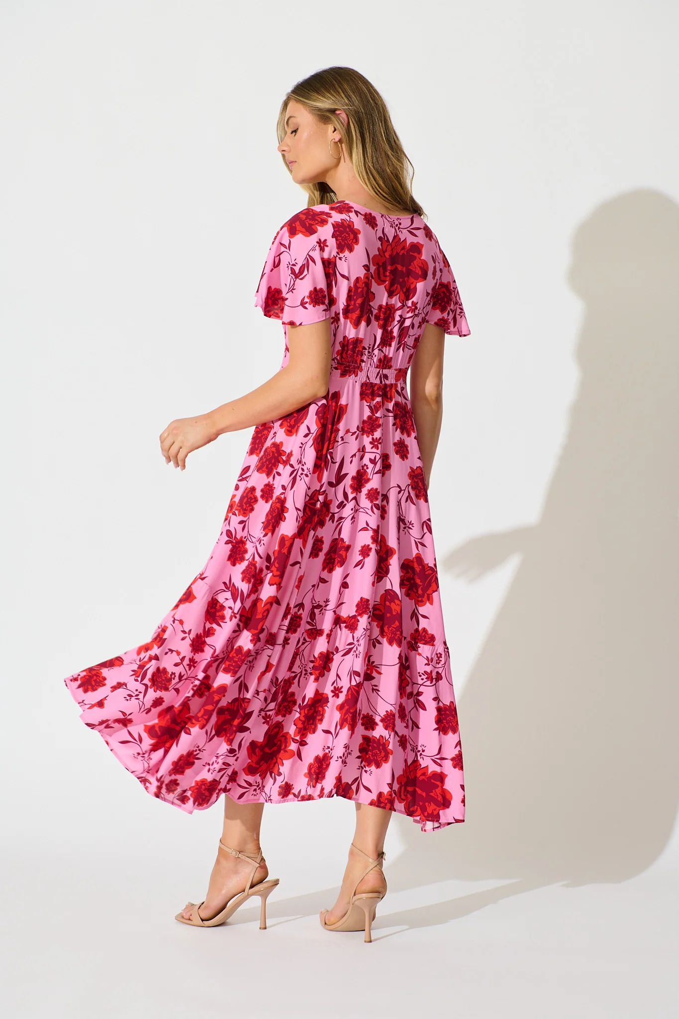 Talise Maxi Dress in Pink with Red Floral Print - Image 4