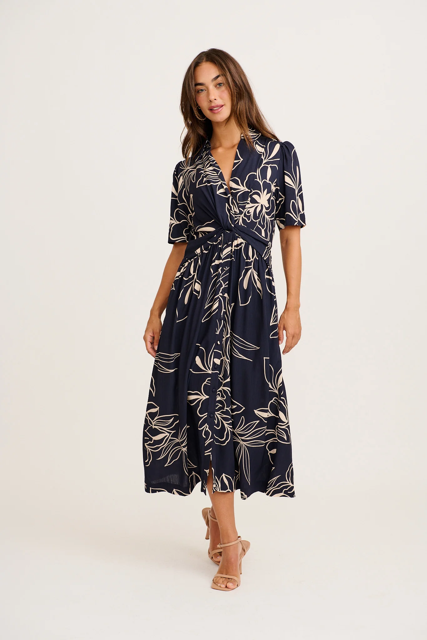 Tamika Midi Dress in Navy with Cream Sketch Floral