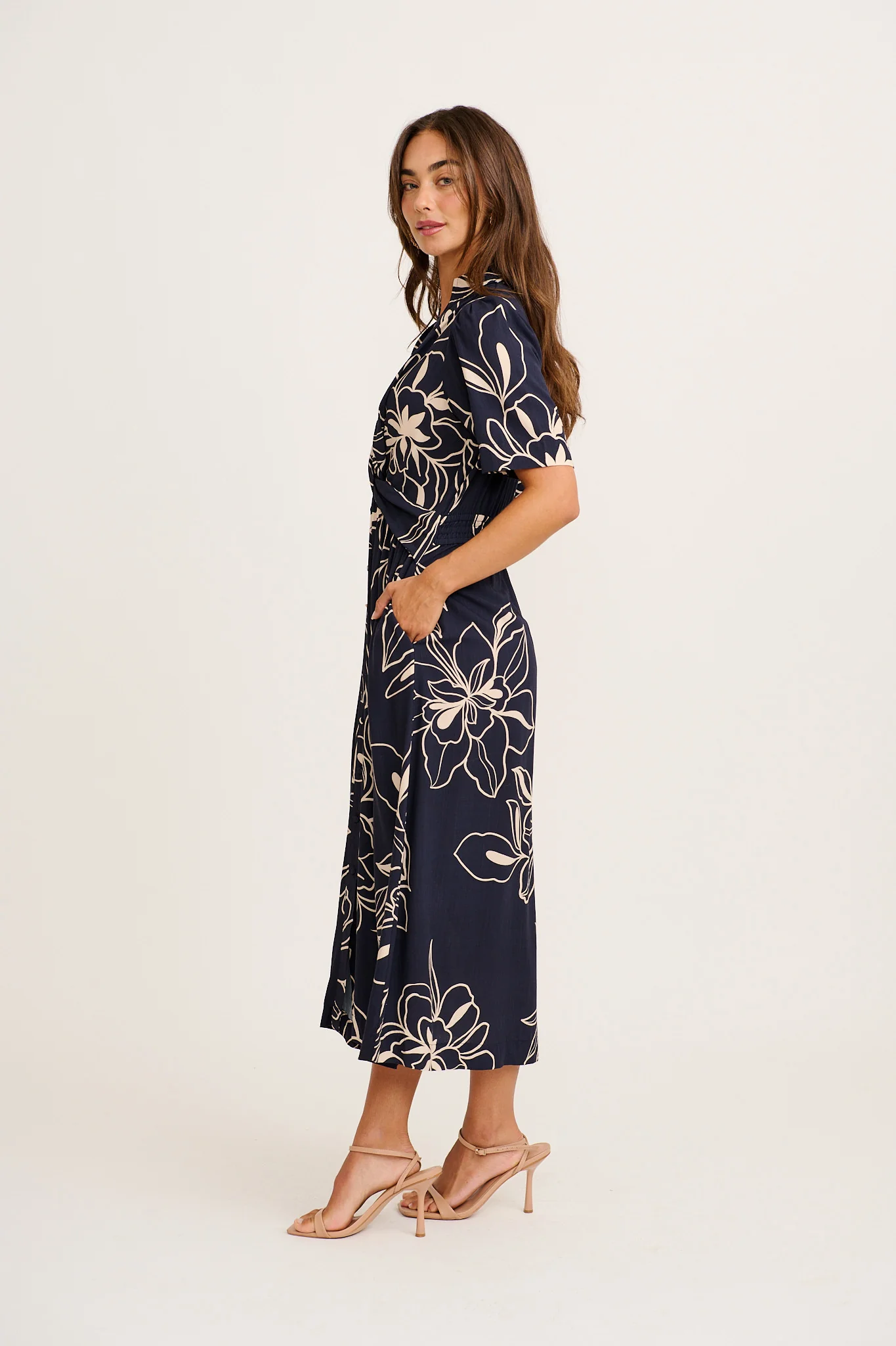 Tamika Midi Dress in Navy with Cream Sketch Floral - Image 3