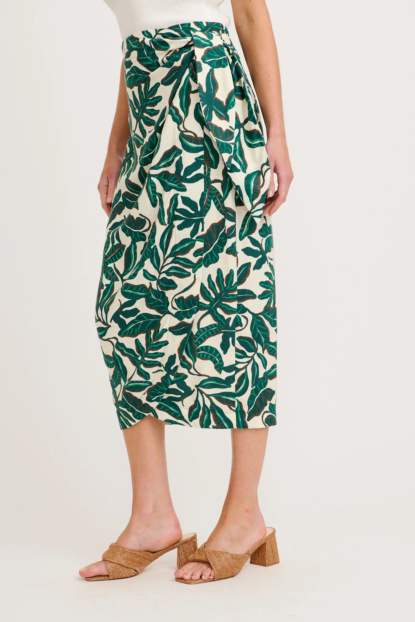 Tanis Midi Wrap Skirt in Emerald and Cream Leaf Linen Blend - Image 2