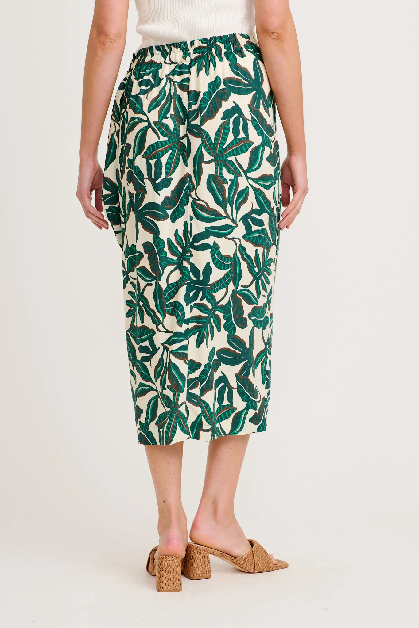 Tanis Midi Wrap Skirt in Emerald and Cream Leaf Linen Blend - Image 3