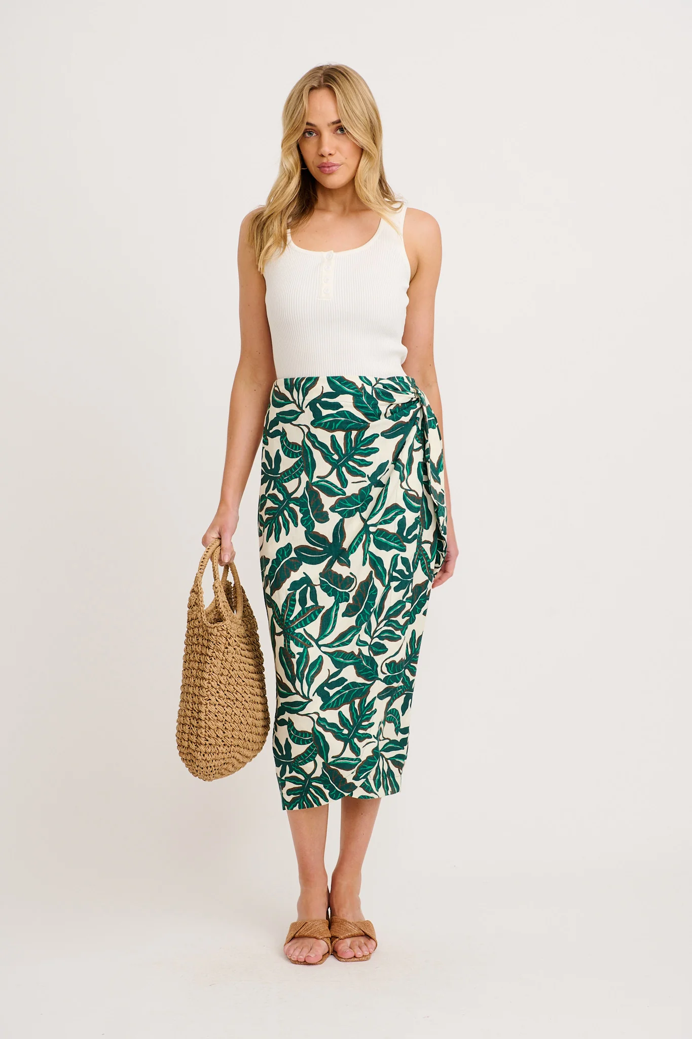 Tanis Midi Wrap Skirt in Emerald and Cream Leaf Linen Blend - Image 4