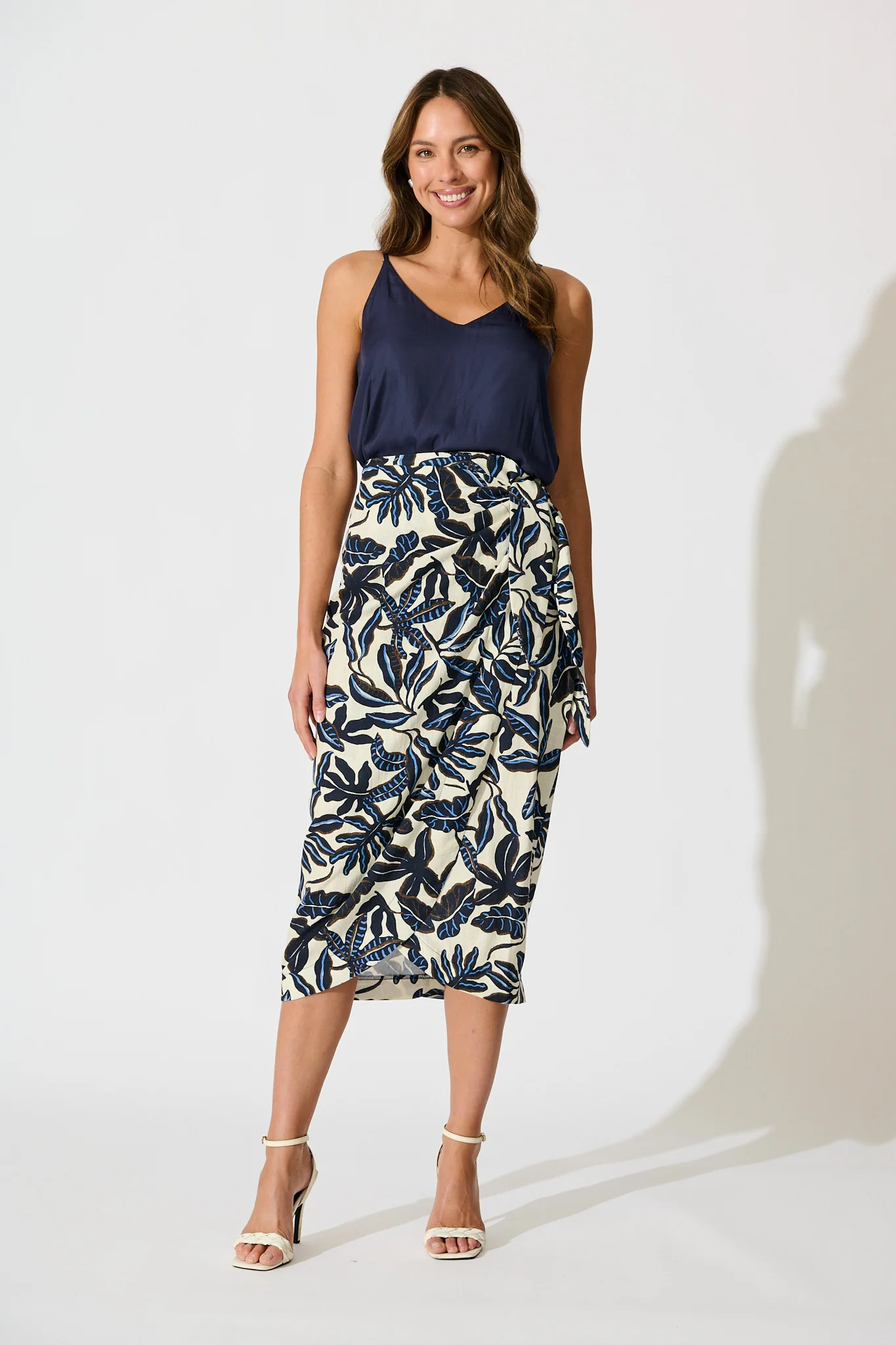 Tanis Midi Wrap Skirt in Navy and Cream Leaf Linen Blend - Image 4