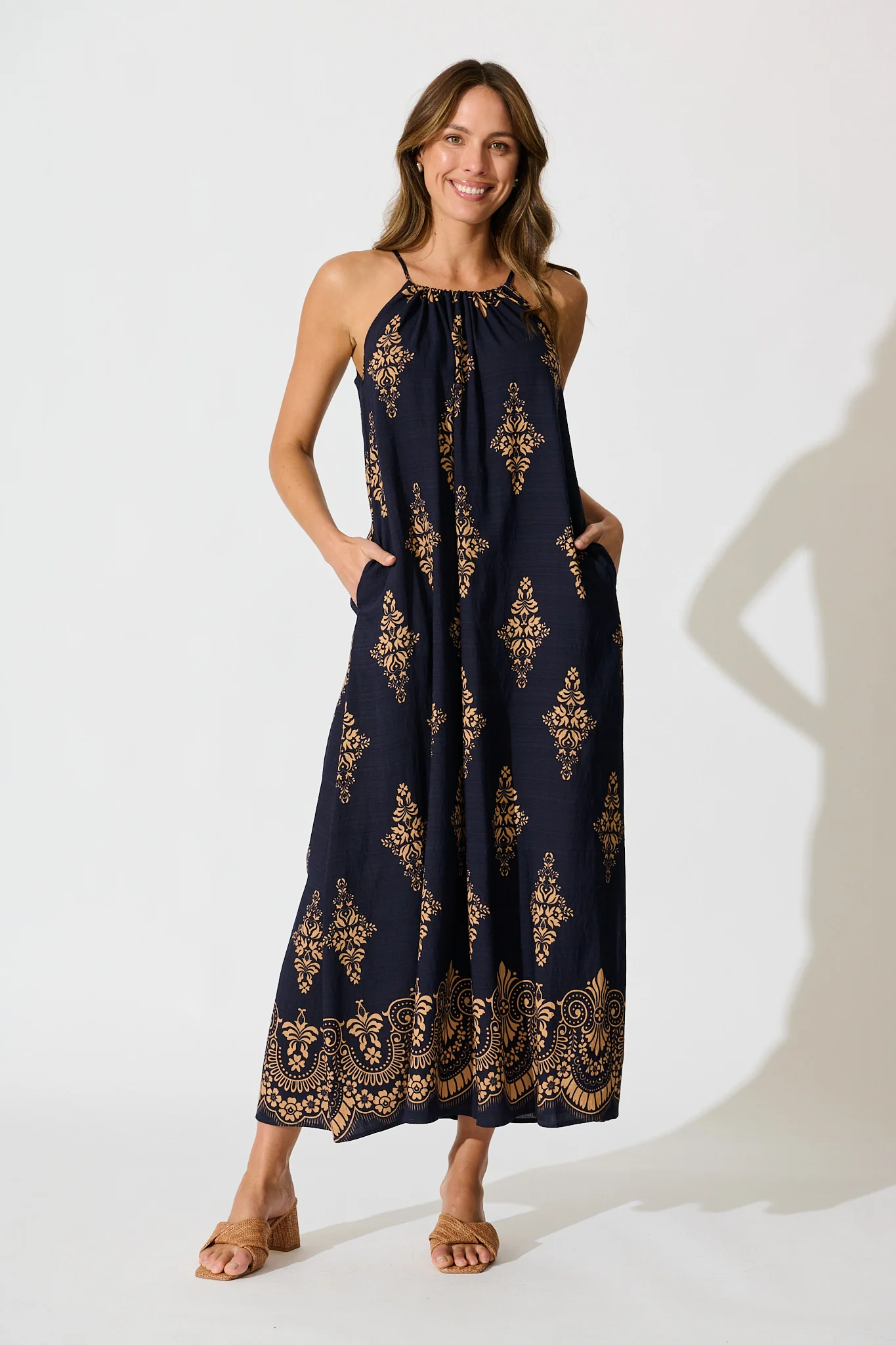 Tansy Maxi Dress in Navy with Tan Boho Linen Blend