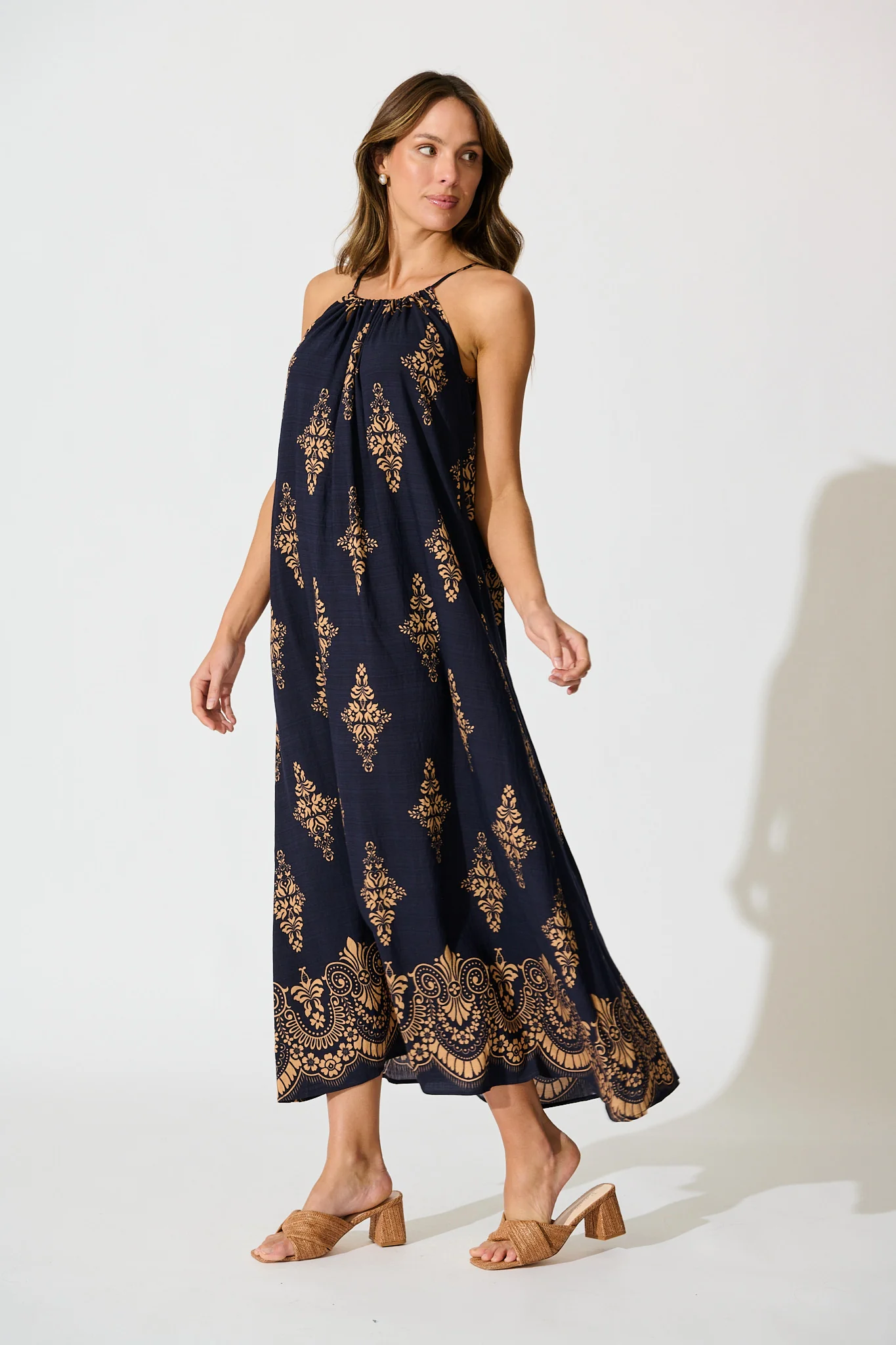 Tansy Maxi Dress in Navy with Tan Boho Linen Blend - Image 3
