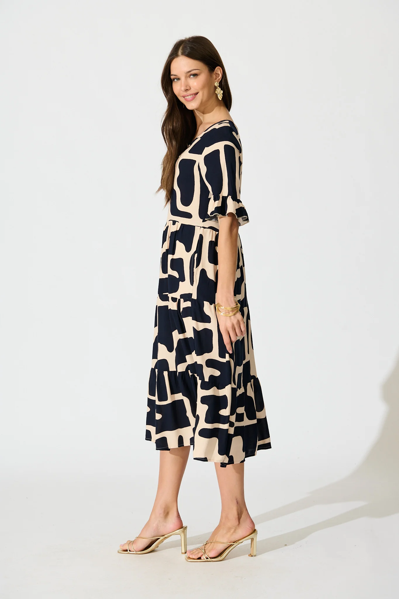 Tarah Midi Smock Dress in Black and Beige Geometric Print - Image 3