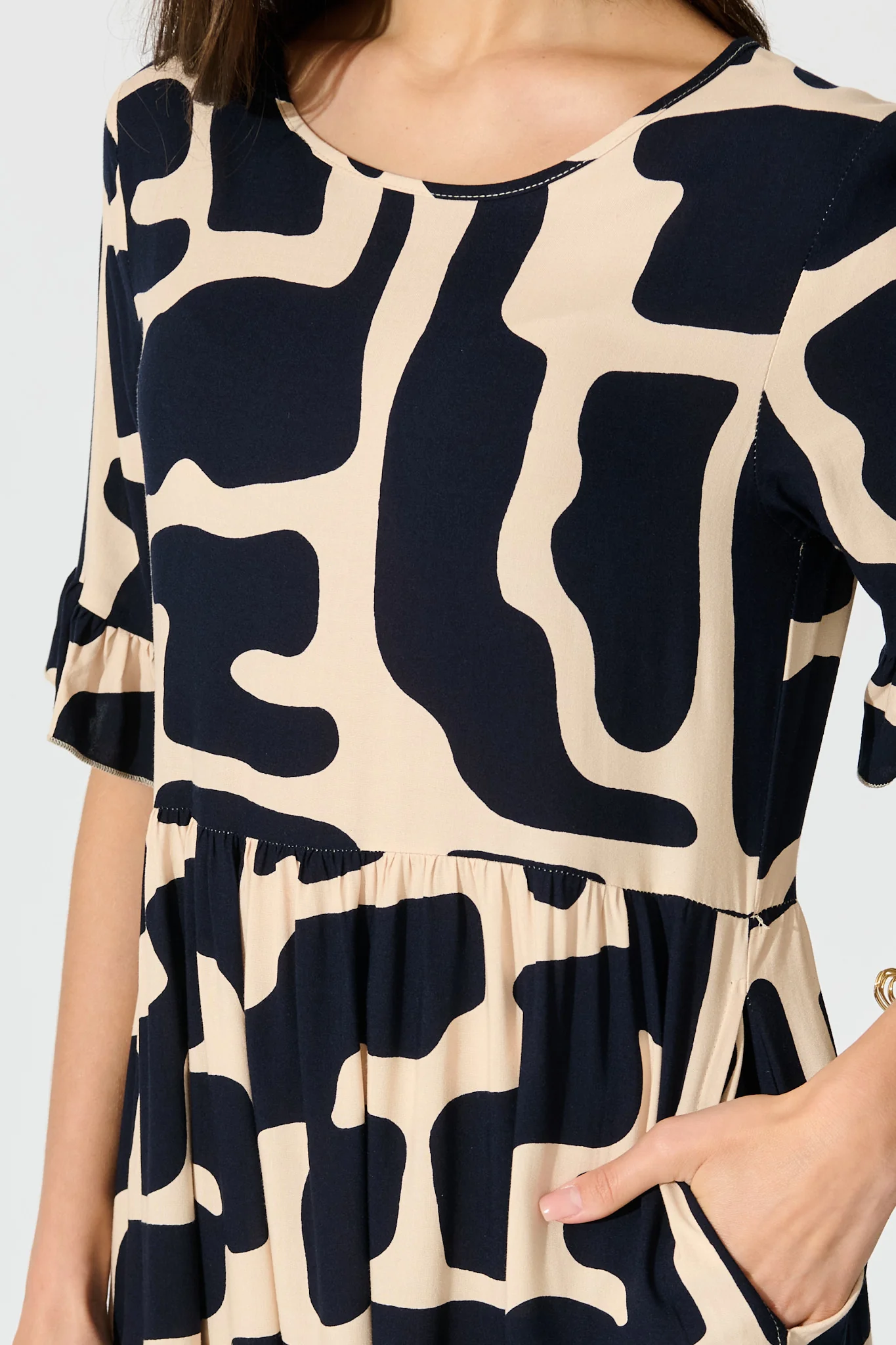 Tarah Midi Smock Dress in Black and Beige Geometric Print - Image 5