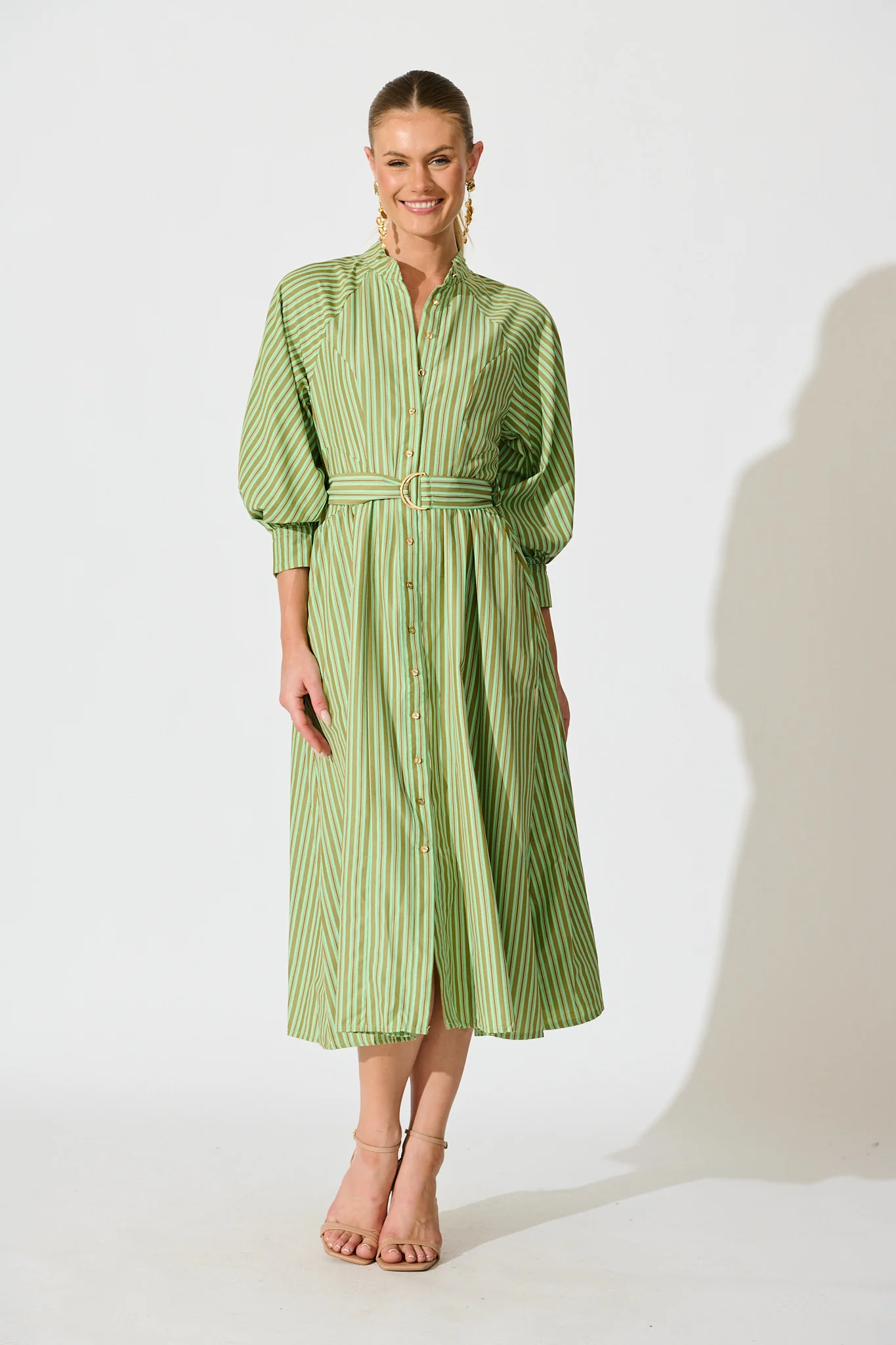Tatiana Midi Shirt Dress in Green Stripe Cotton Blend