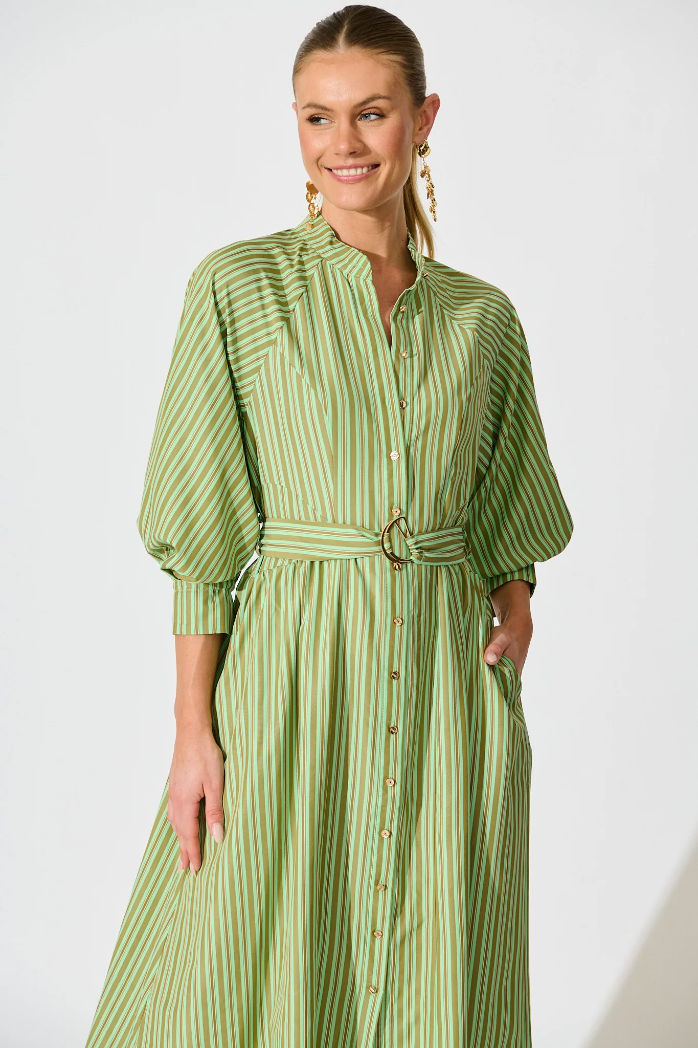 Tatiana Midi Shirt Dress in Green Stripe Cotton Blend - Image 2
