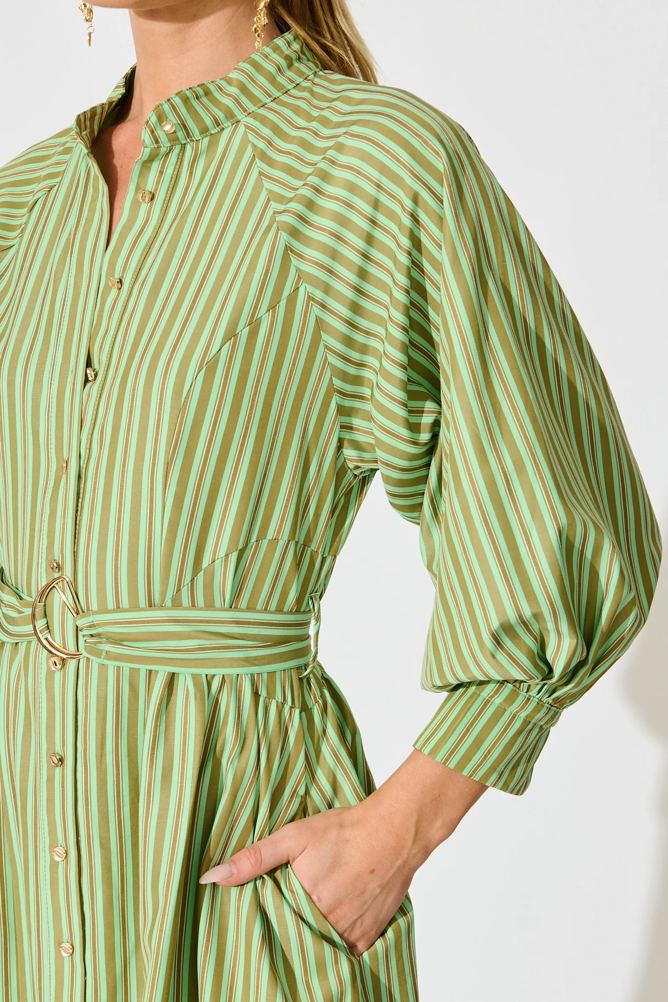 Tatiana Midi Shirt Dress in Green Stripe Cotton Blend - Image 5