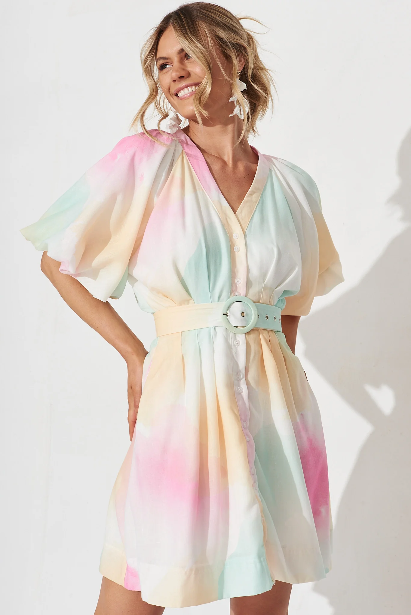 Teagan Dress In White With Multi Watercolour Linen Blend - Image 2