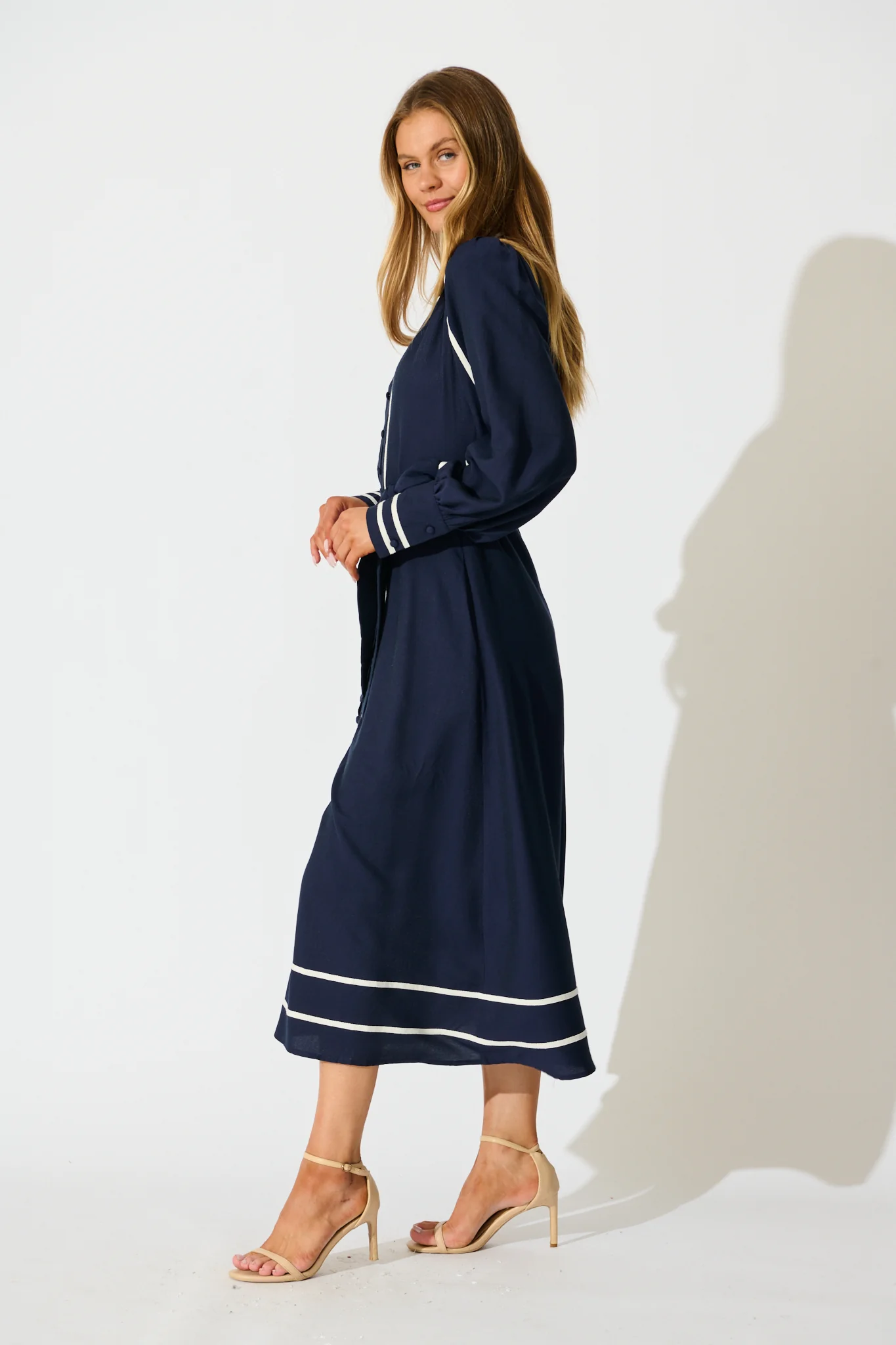 Terri Midi Dress in Navy with White Contrast Trim - Image 3