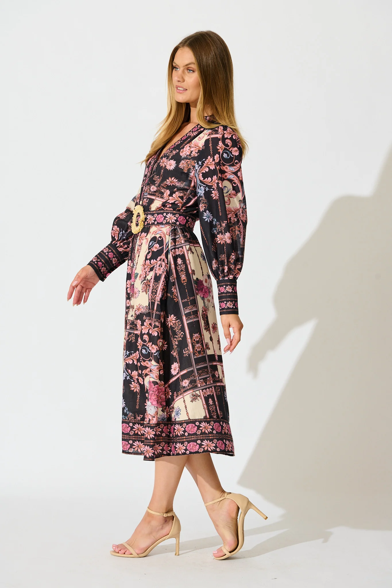 The Etched Garden Midi Dress in Black and Blush Patchwork Floral - Image 3