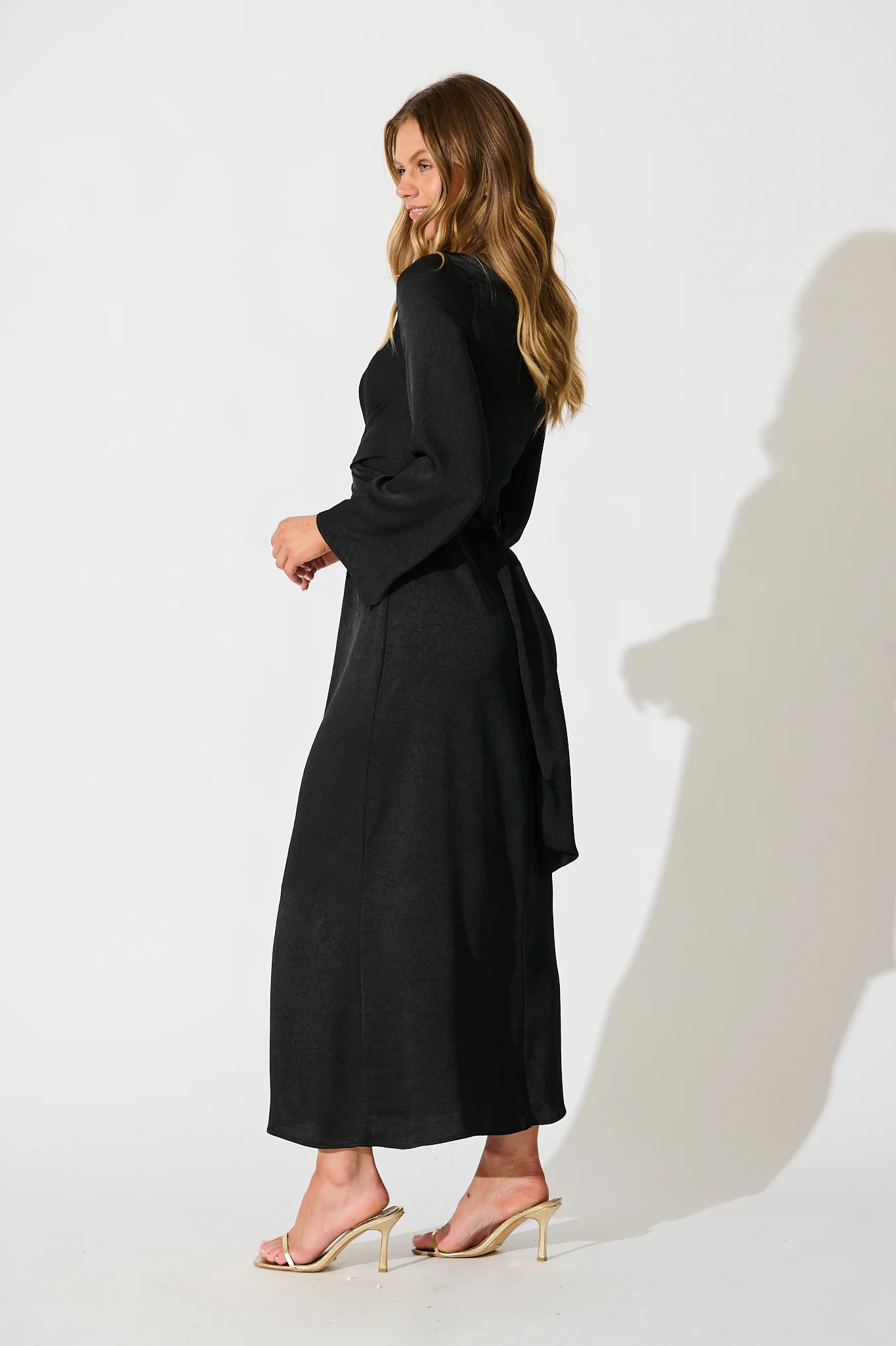 The moment Maxi Dress in Black Crinkle Satin - Image 3