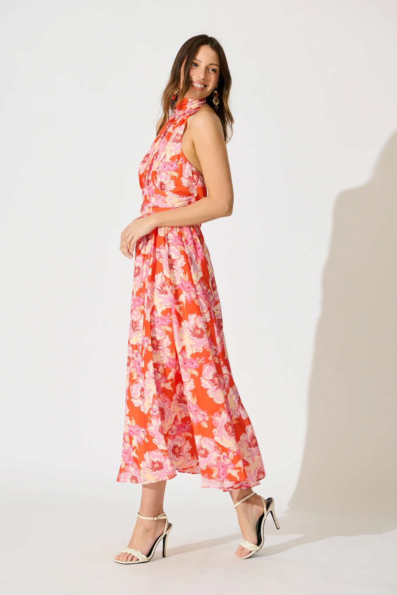 Theodora Halter Neck Maxi Dress In Red Floral Chiffon - Image 3
