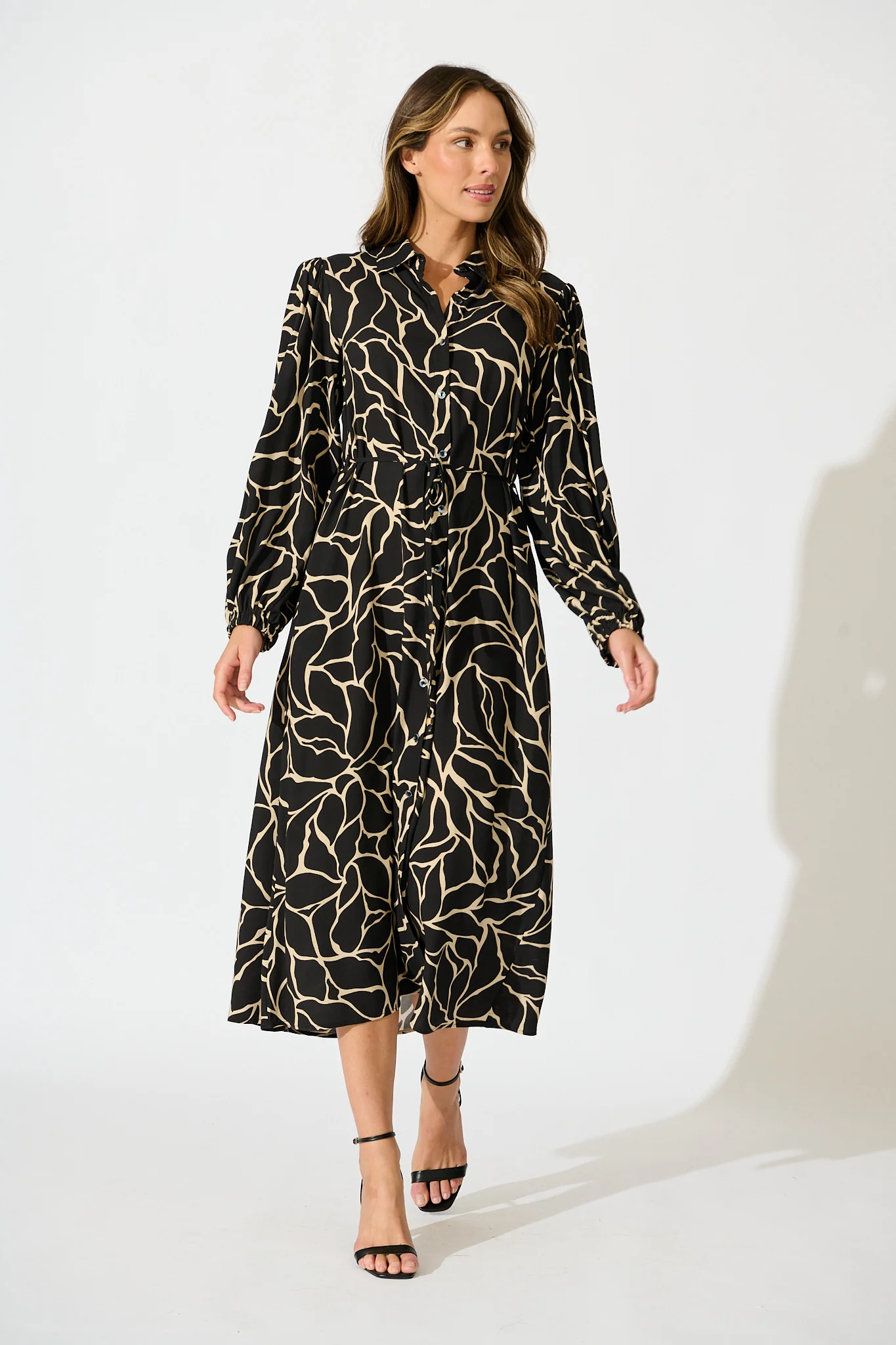 Think About It Maxi Shirt Dress in Black Geometric Print