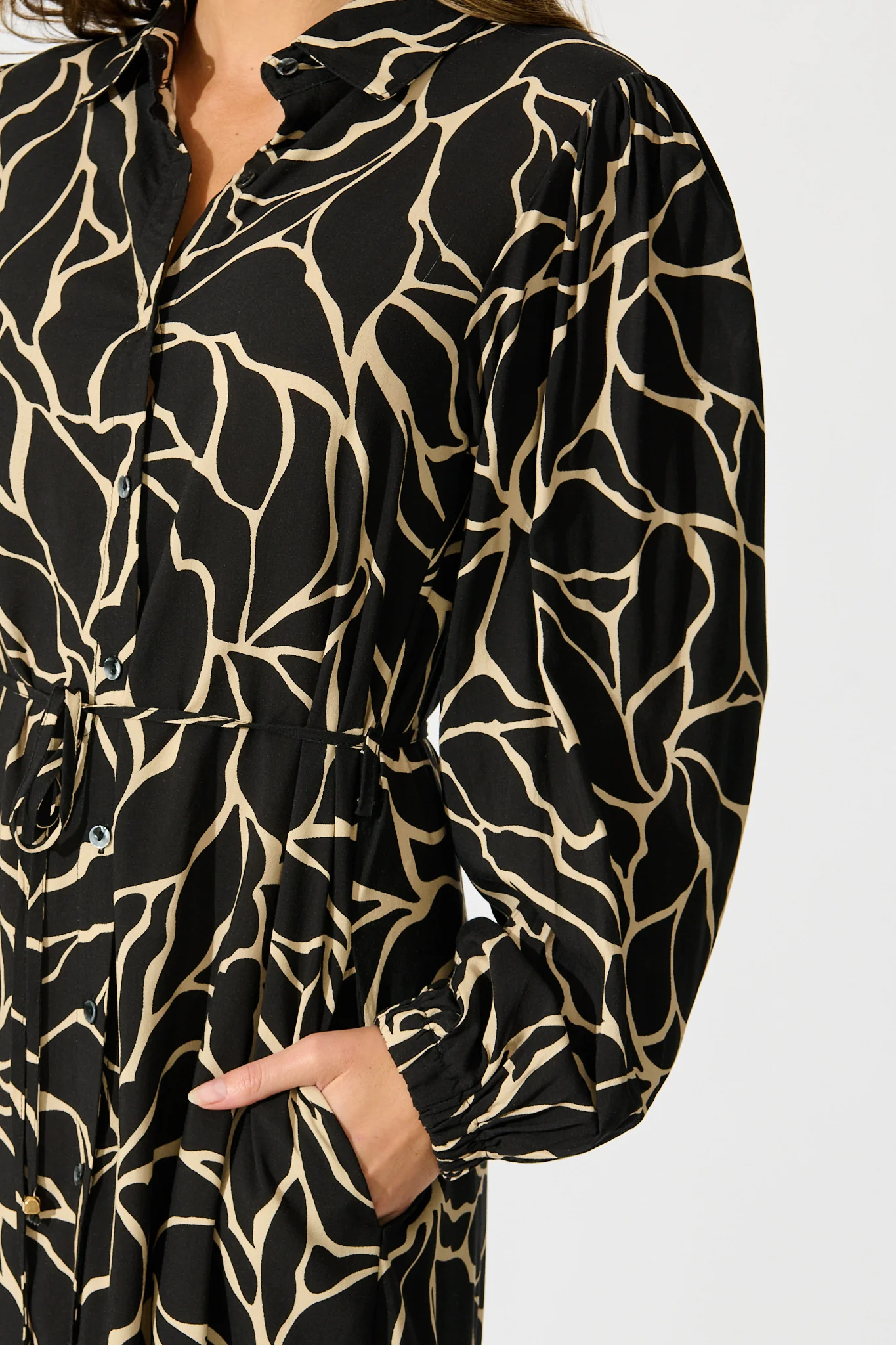 Think About It Maxi Shirt Dress in Black Geometric Print - Image 5