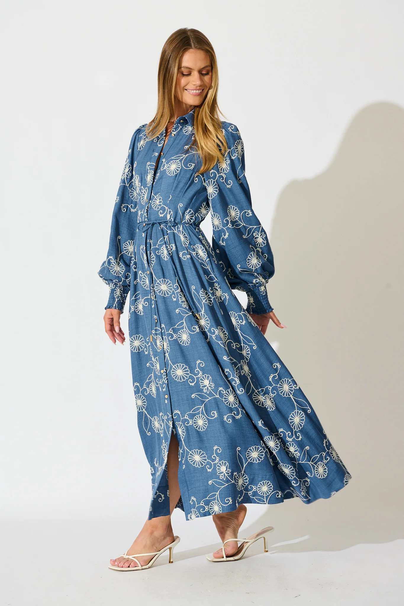 Thread and Soul Maxi Shirt Dress in Blue Chambray Embroidery - Image 3