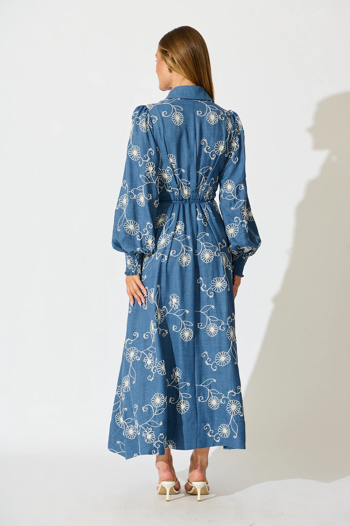 Thread and Soul Maxi Shirt Dress in Blue Chambray Embroidery - Image 4