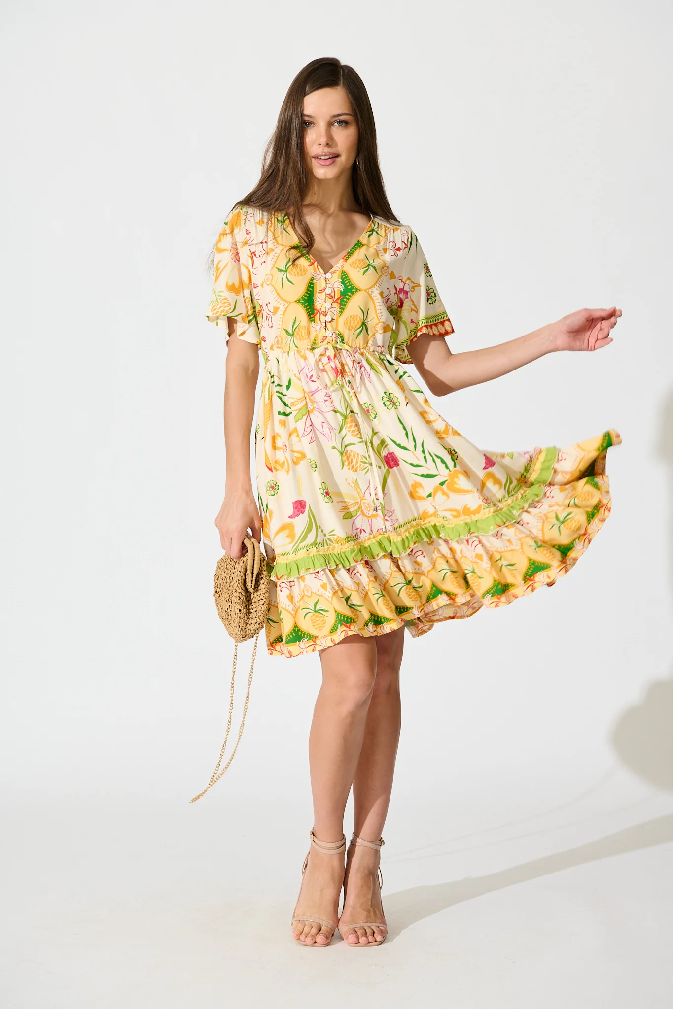 Tiley Dress in Beige with Multi Floral Print