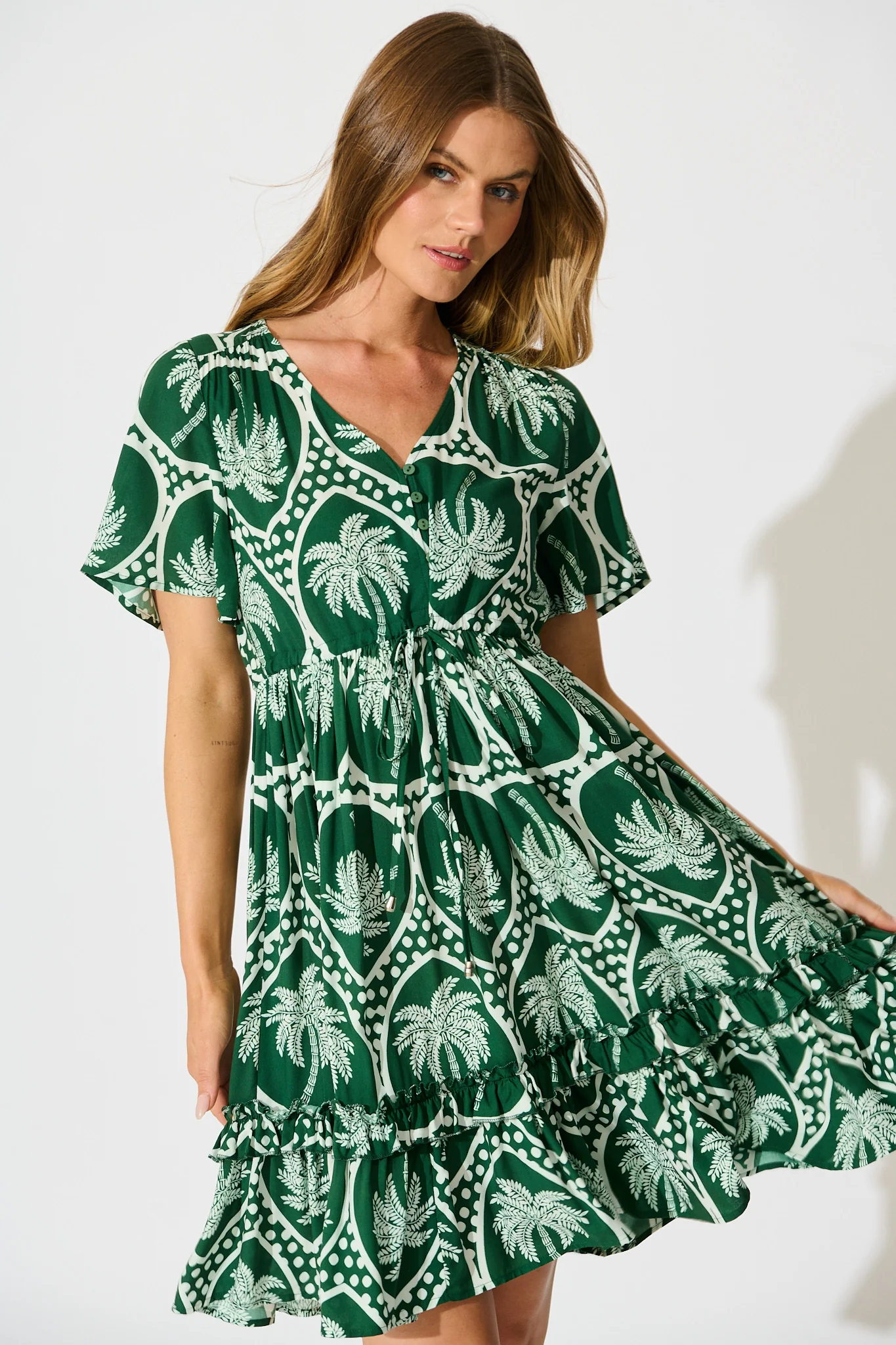 Tiley Dress in Green Palm Tree Tiles Print - Image 2