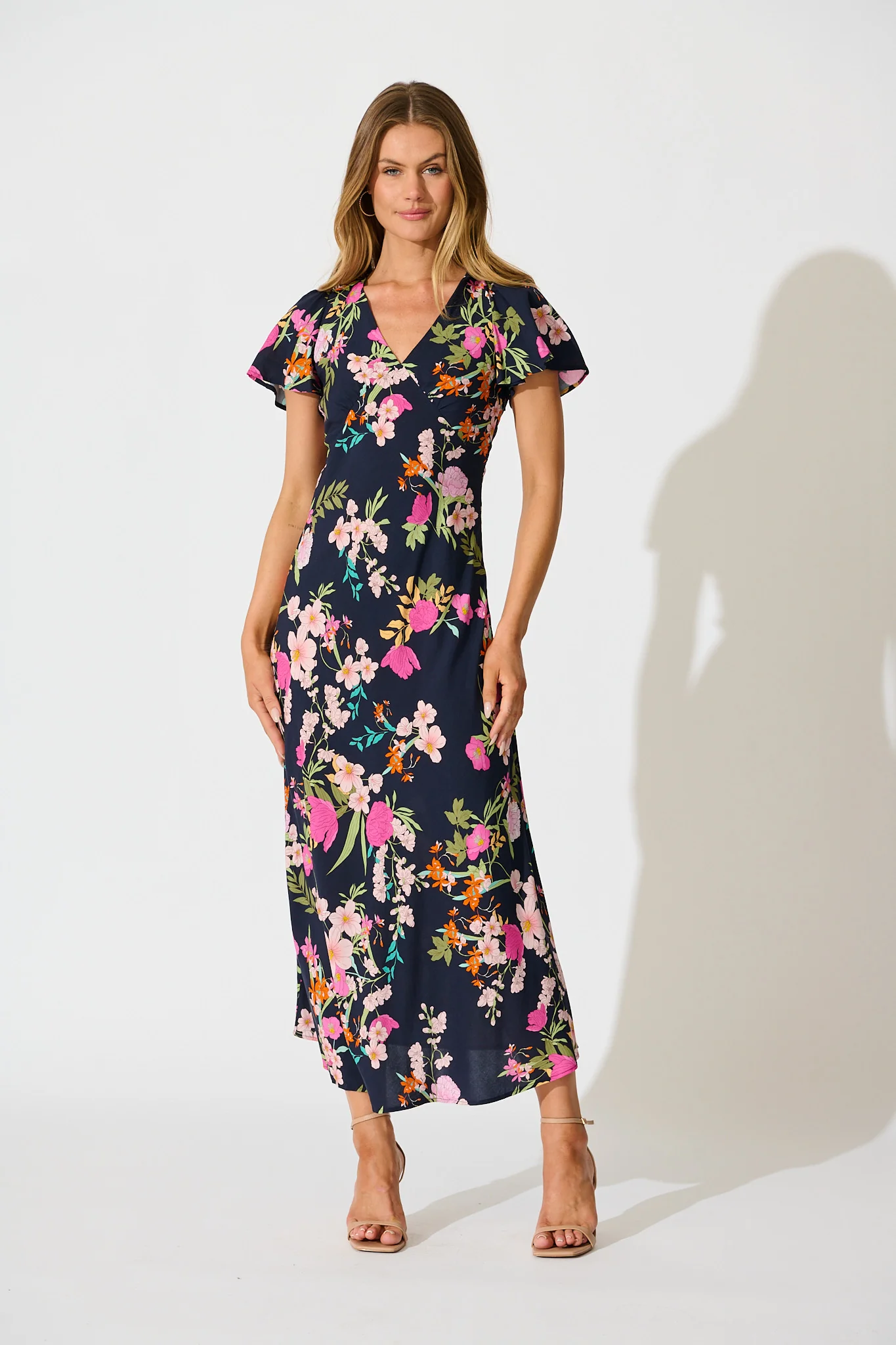Tisha Maxi Dress in Navy with Pink Floral